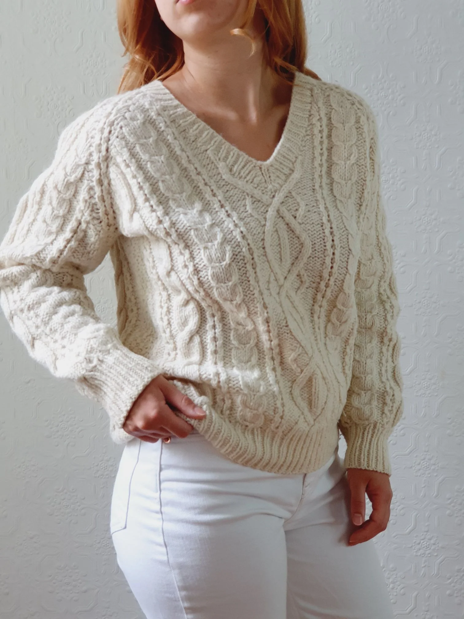 Vintage V-Neck 100% Wool Handknitted Cream Aran Jumper - S/M - Image 8