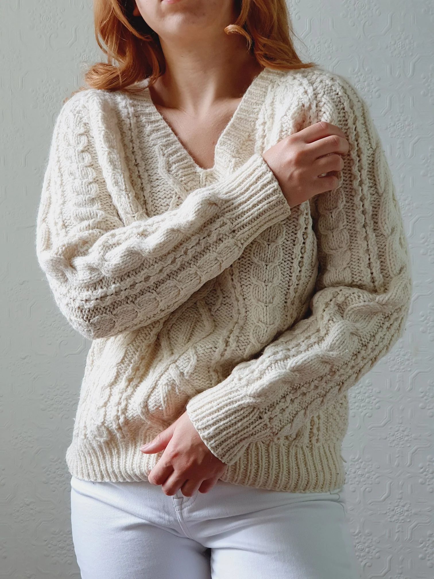 Vintage V-Neck 100% Wool Handknitted Cream Aran Jumper - S/M - Image 9