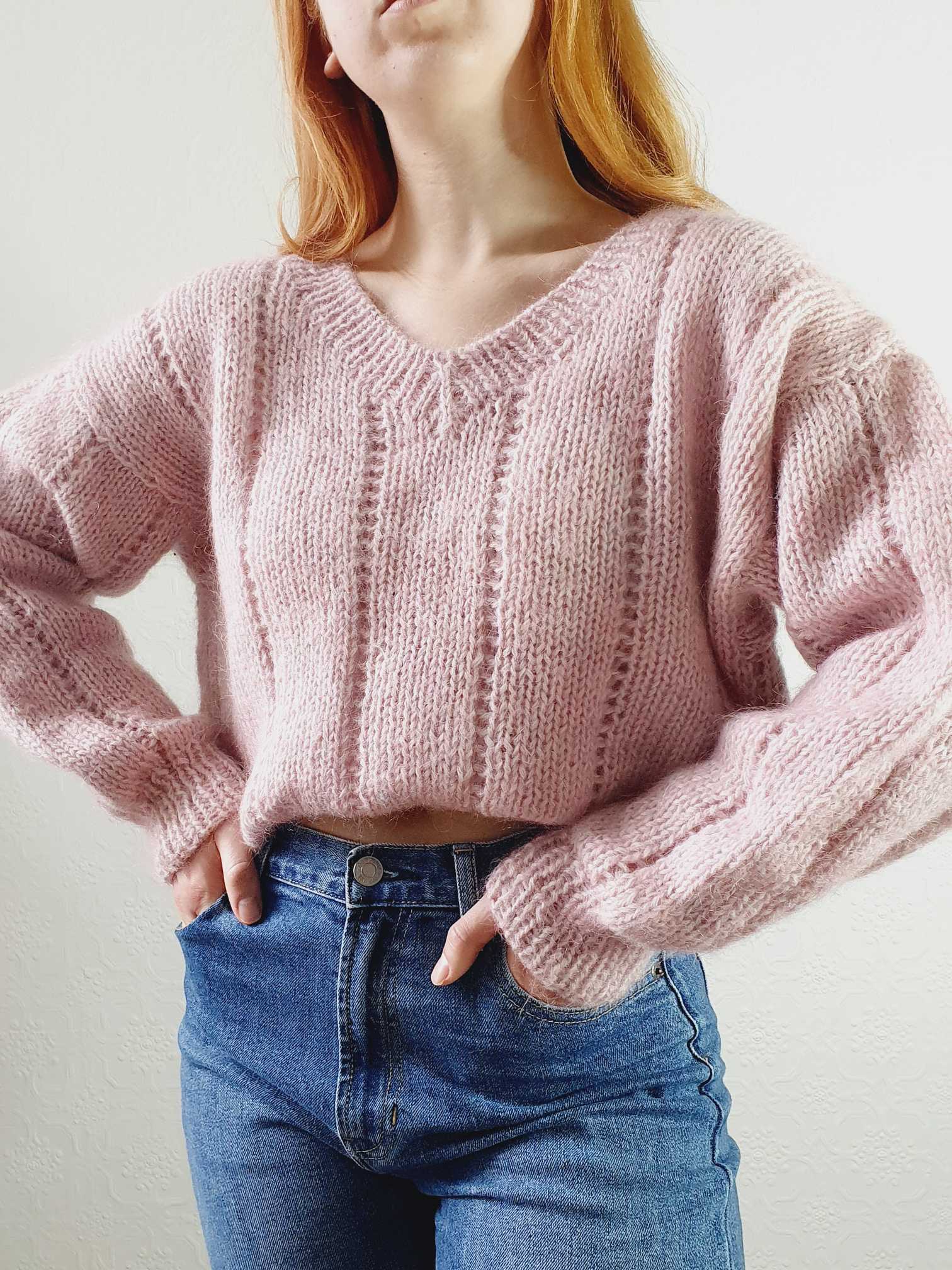 Vintage V-Neck Pastel Pink Mohair Jumper - XXL