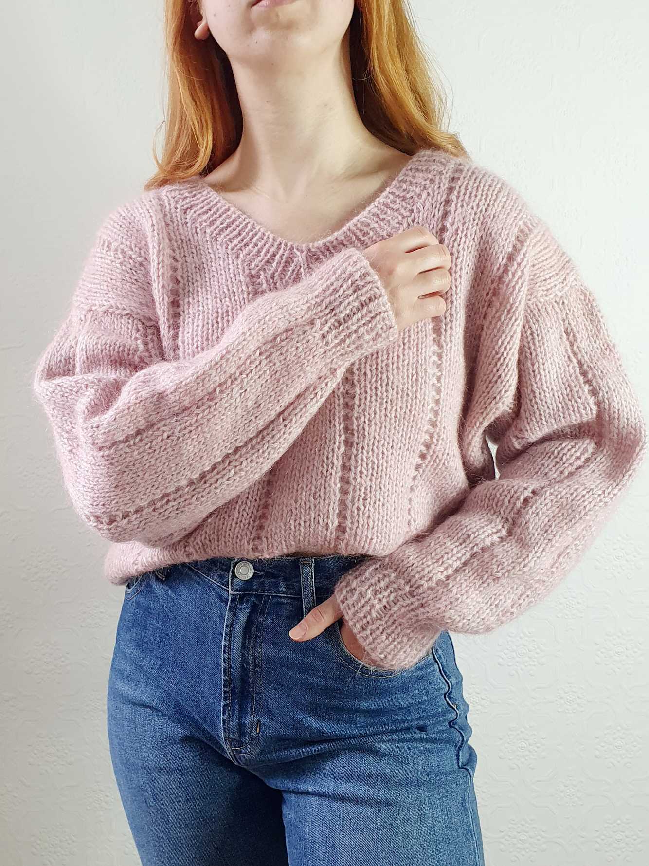 Vintage V-Neck Pastel Pink Mohair Jumper - XXL - Image 2