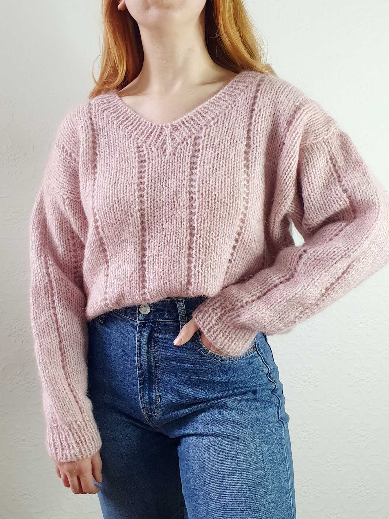 Vintage V-Neck Pastel Pink Mohair Jumper - XXL - Image 3
