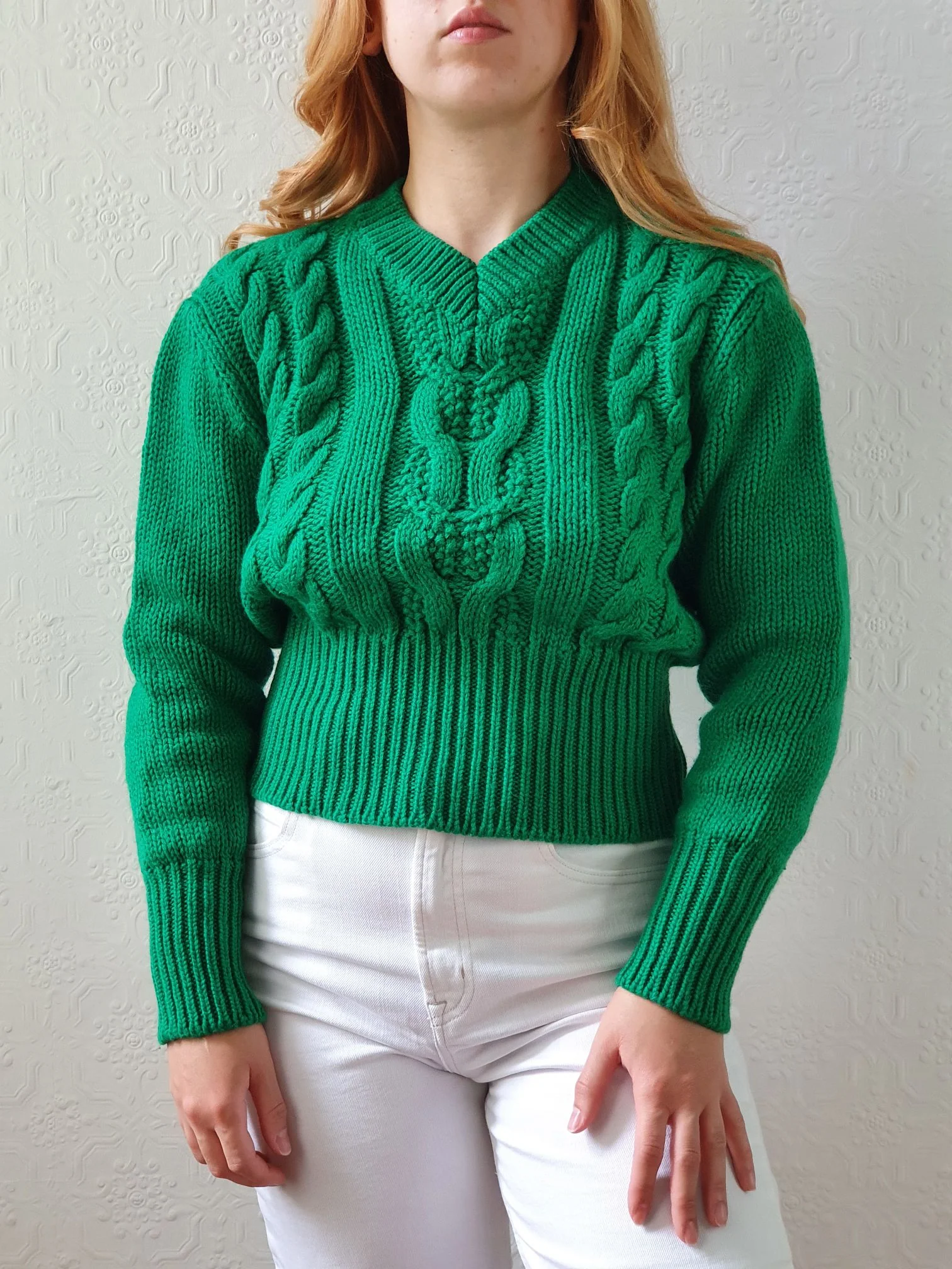 Vintage V-Neck Wool Green Aran Jumper - S - Image 2