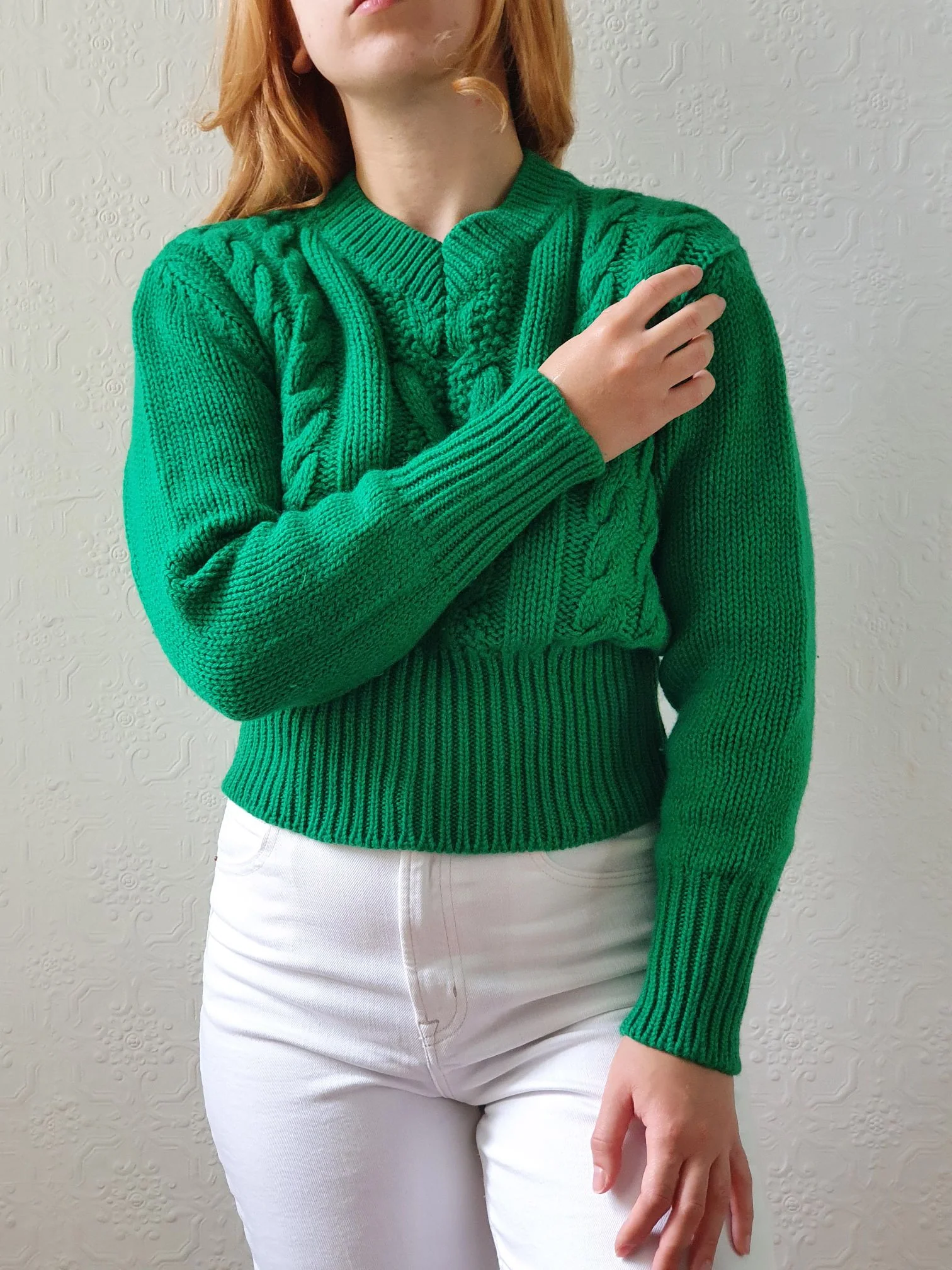 Vintage V-Neck Wool Green Aran Jumper - S - Image 6