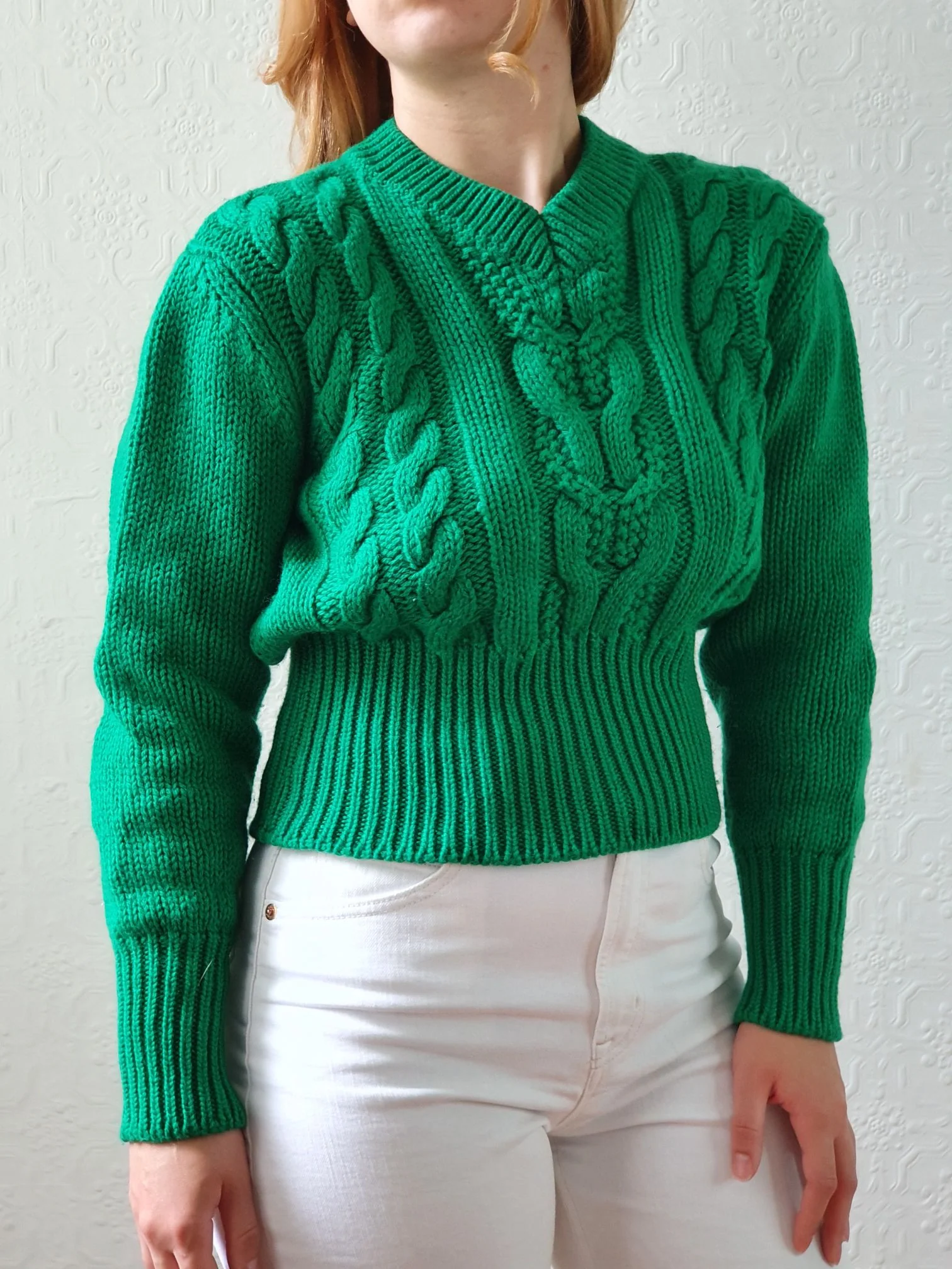 Vintage V-Neck Wool Green Aran Jumper - S - Image 7