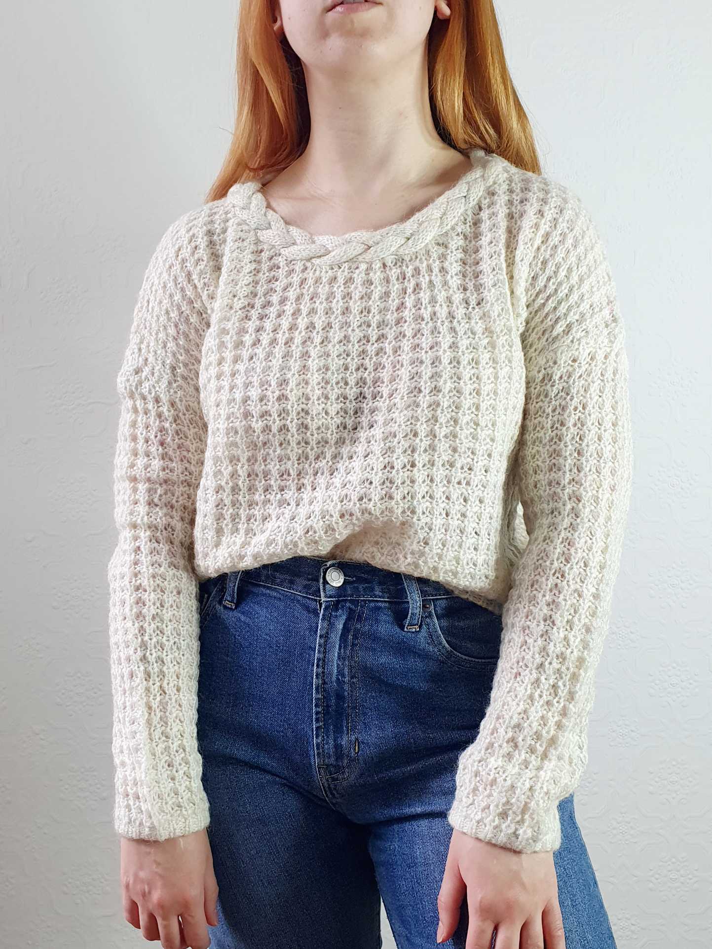 Vintage Waffle Knit Cream Jumper with Braided Neckline - S/M