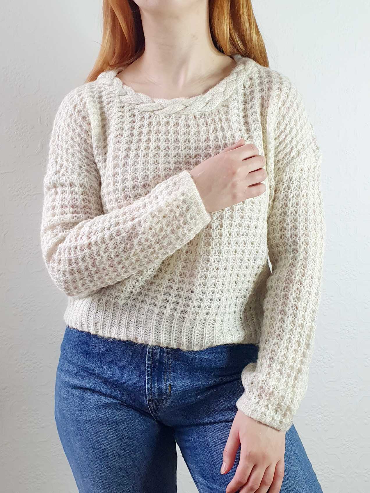 Vintage Waffle Knit Cream Jumper with Braided Neckline - S/M - Image 2