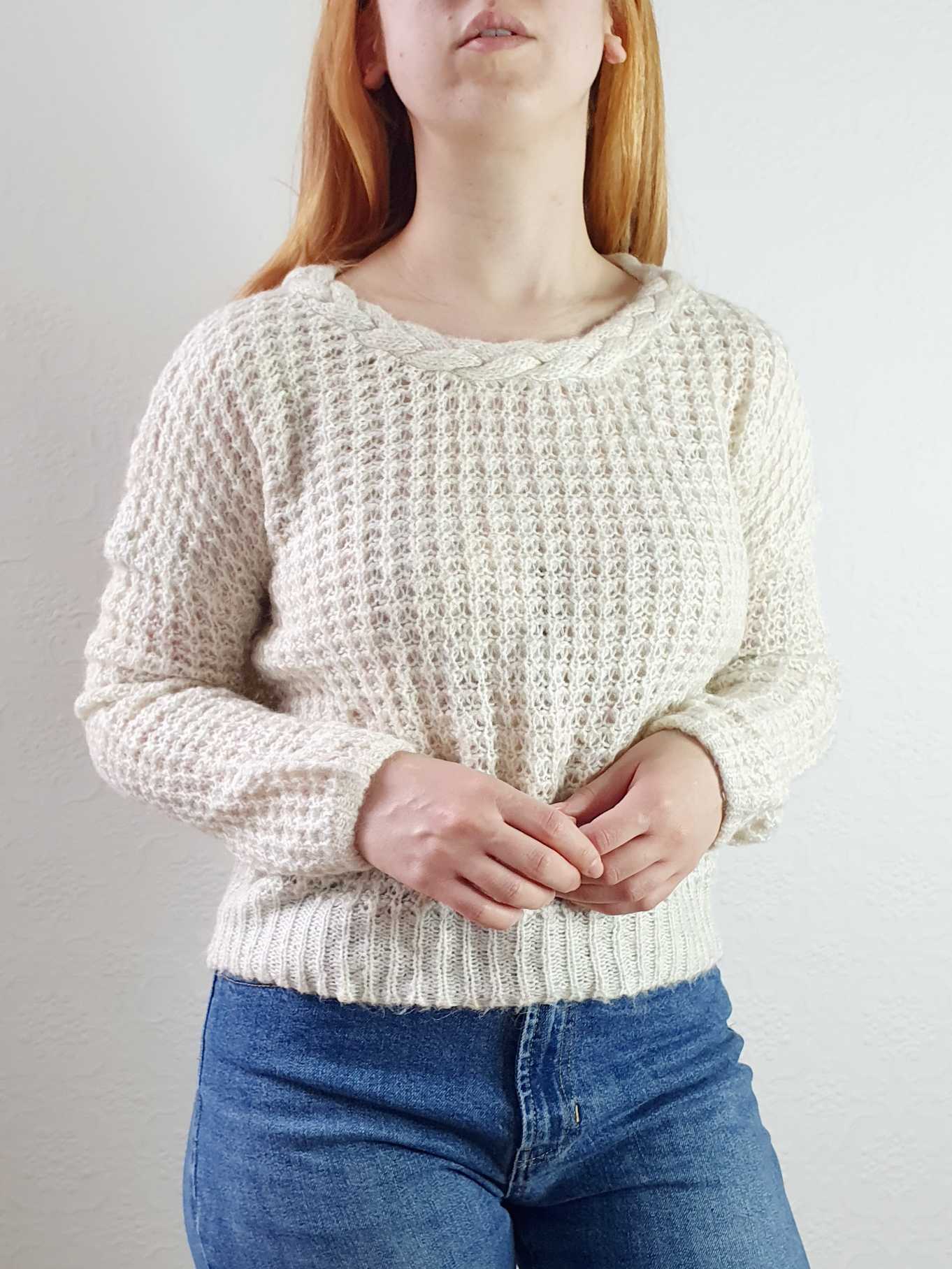 Vintage Waffle Knit Cream Jumper with Braided Neckline - S/M - Image 3