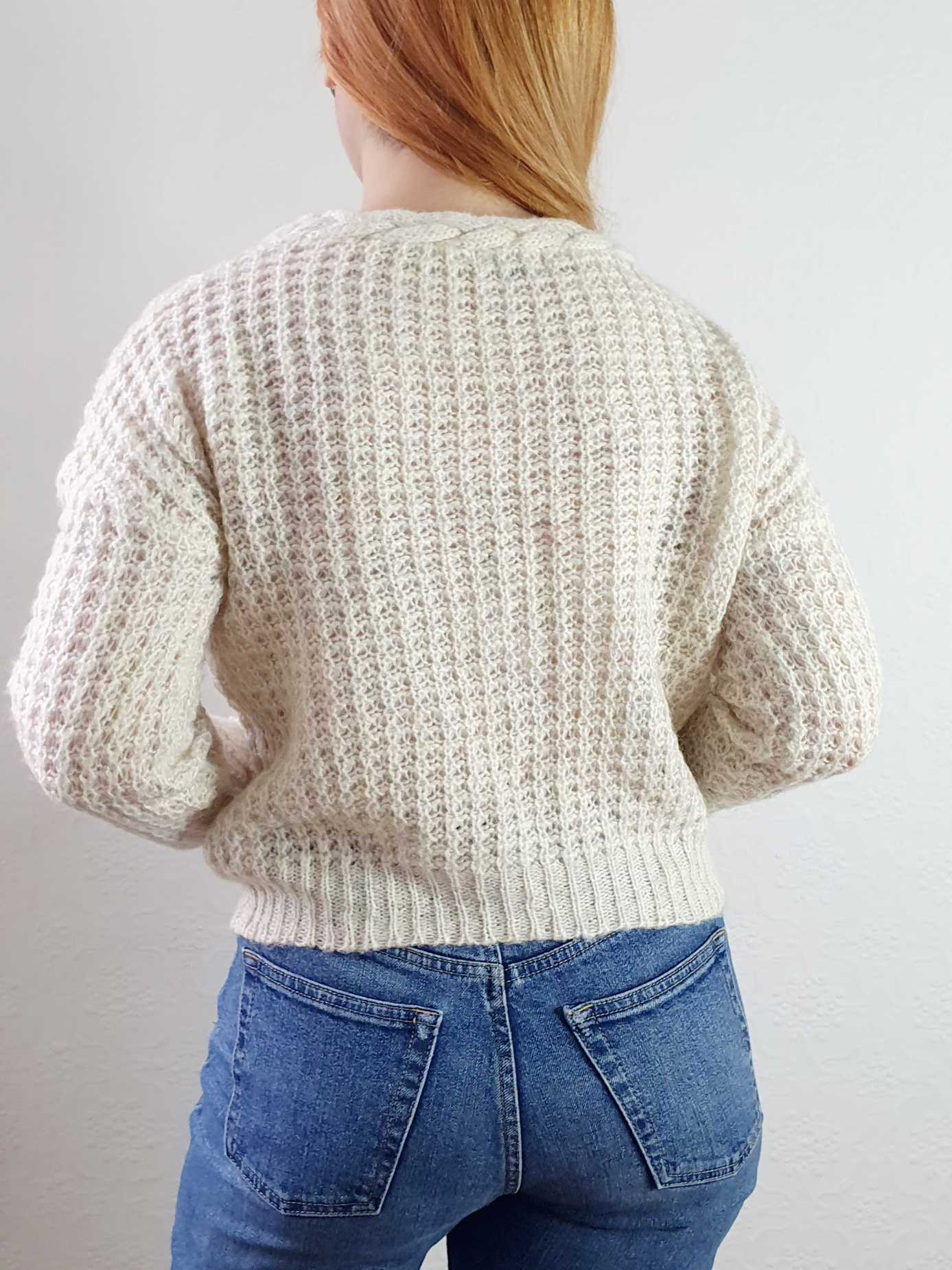 Vintage Waffle Knit Cream Jumper with Braided Neckline - S/M - Image 4