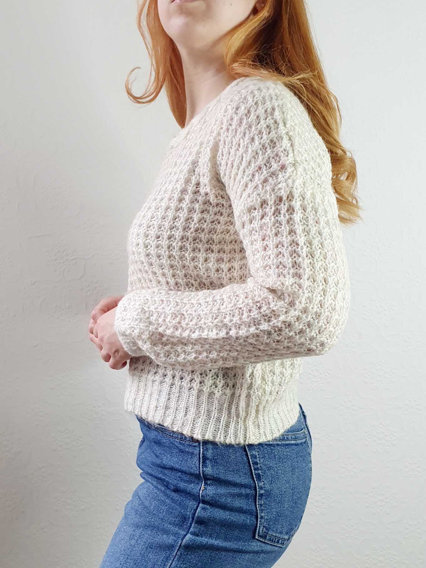 Vintage Waffle Knit Cream Jumper with Braided Neckline - S/M - Image 5