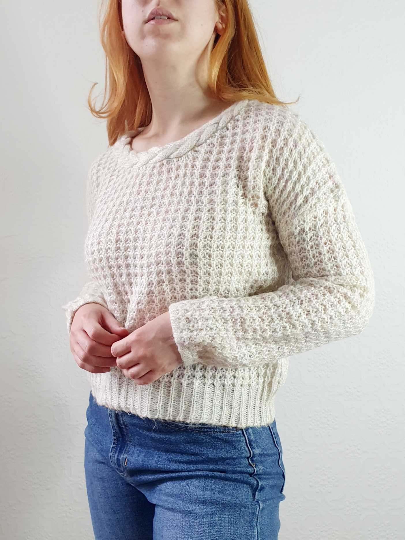 Vintage Waffle Knit Cream Jumper with Braided Neckline - S/M - Image 6