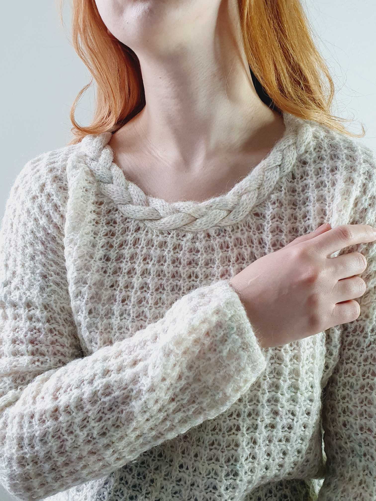 Vintage Waffle Knit Cream Jumper with Braided Neckline - S/M - Image 7