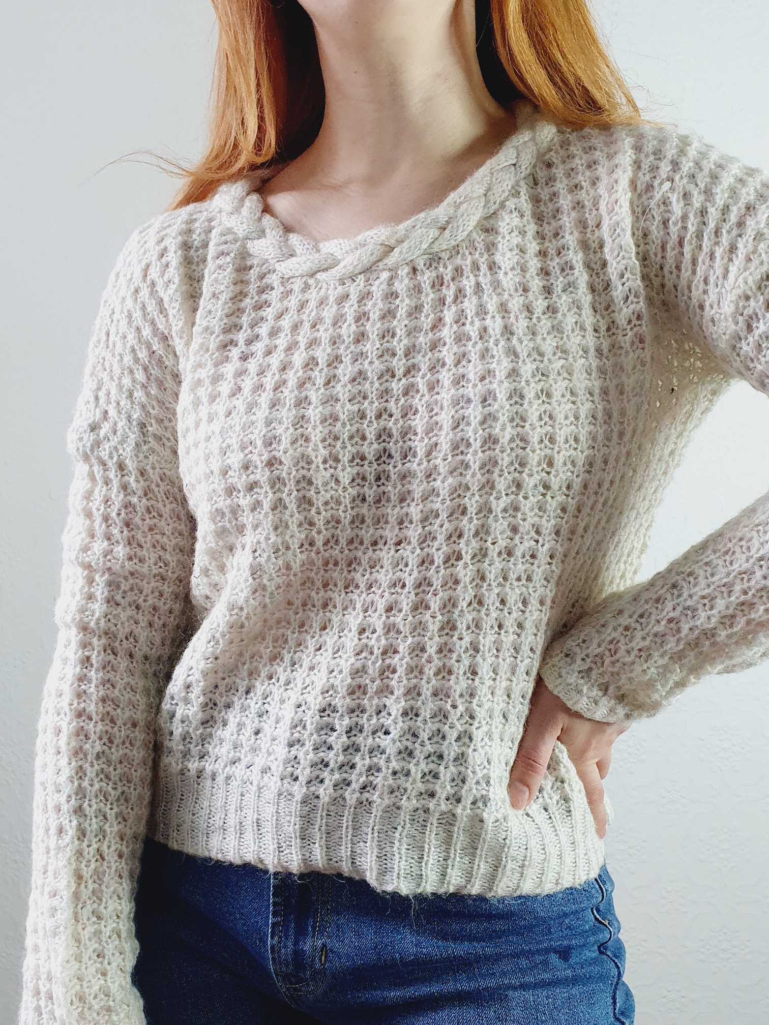 Vintage Waffle Knit Cream Jumper with Braided Neckline - S/M - Image 9