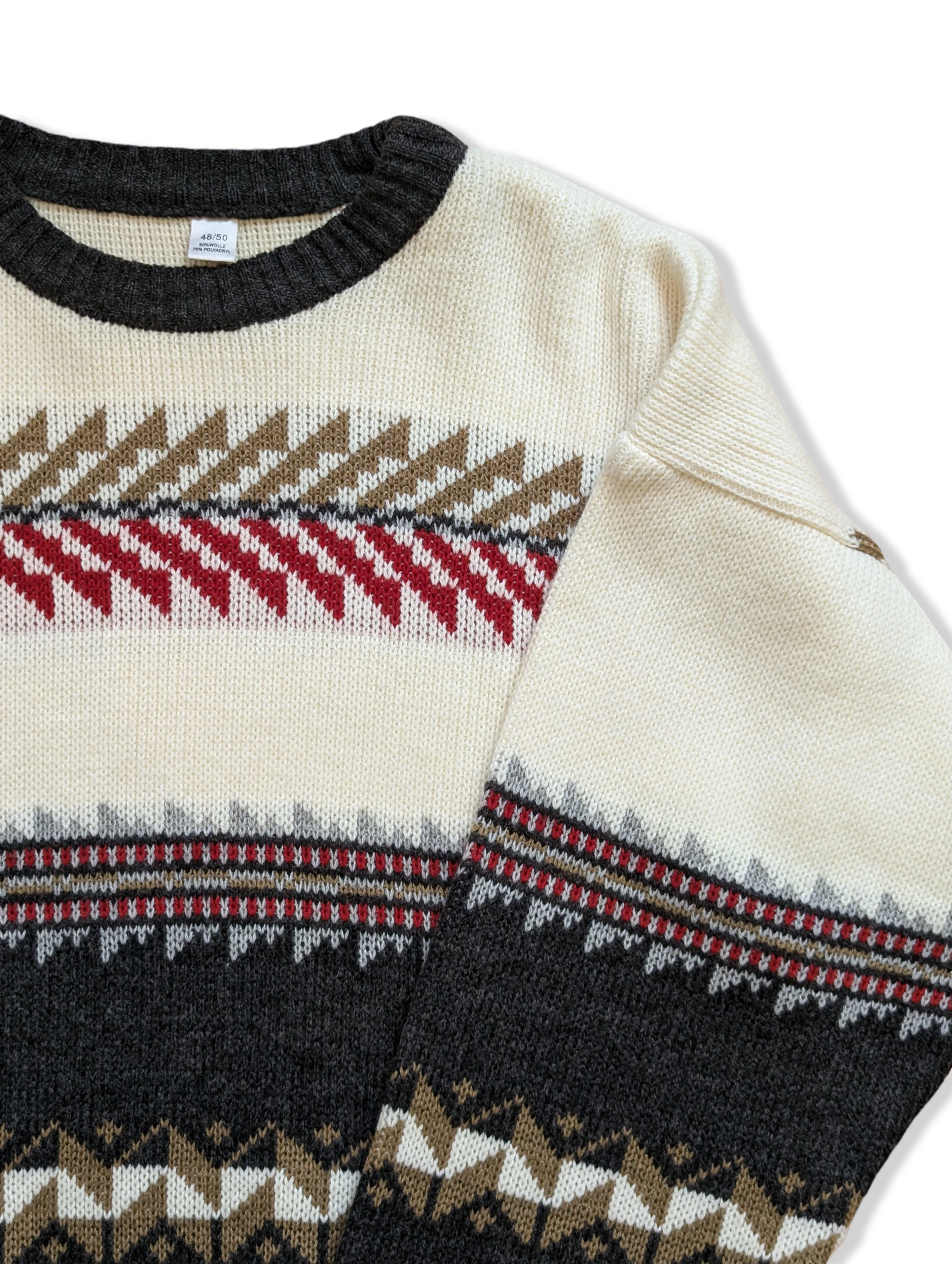 Vintage White and Grey Patterned Knitted Jumper - L - Image 2