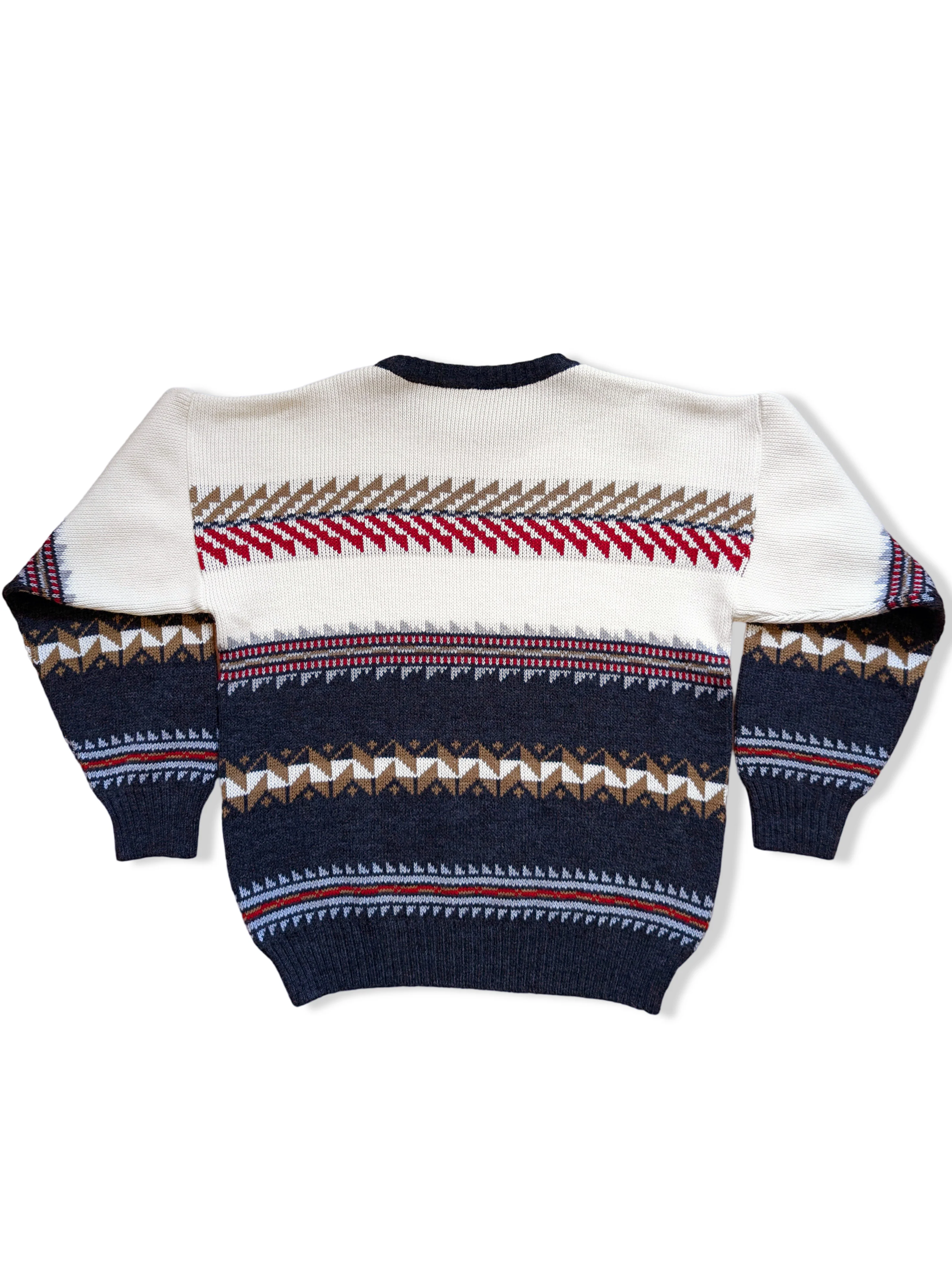 Vintage White and Grey Patterned Knitted Jumper - L - Image 3