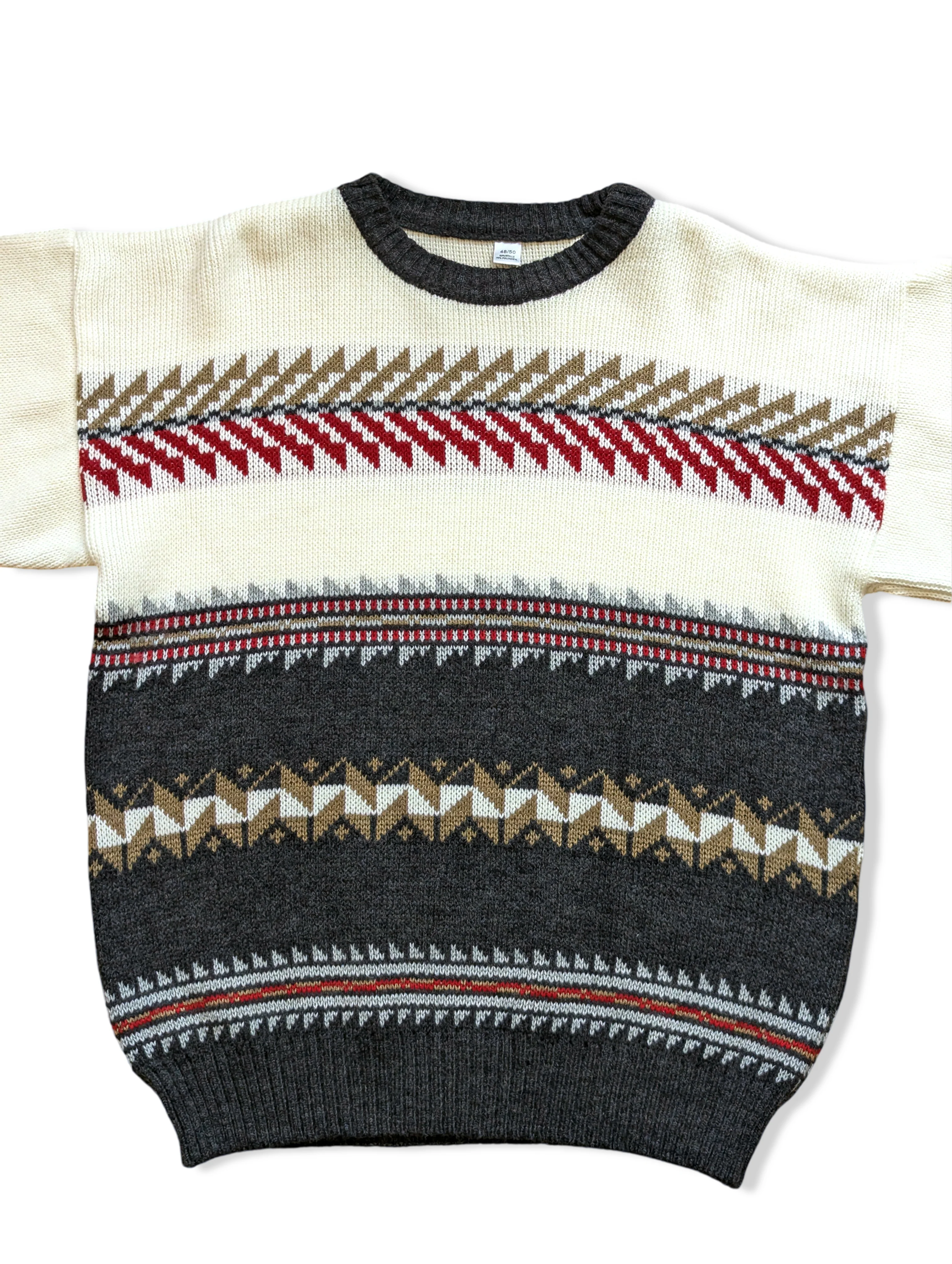 Vintage White and Grey Patterned Knitted Jumper - L - Image 4