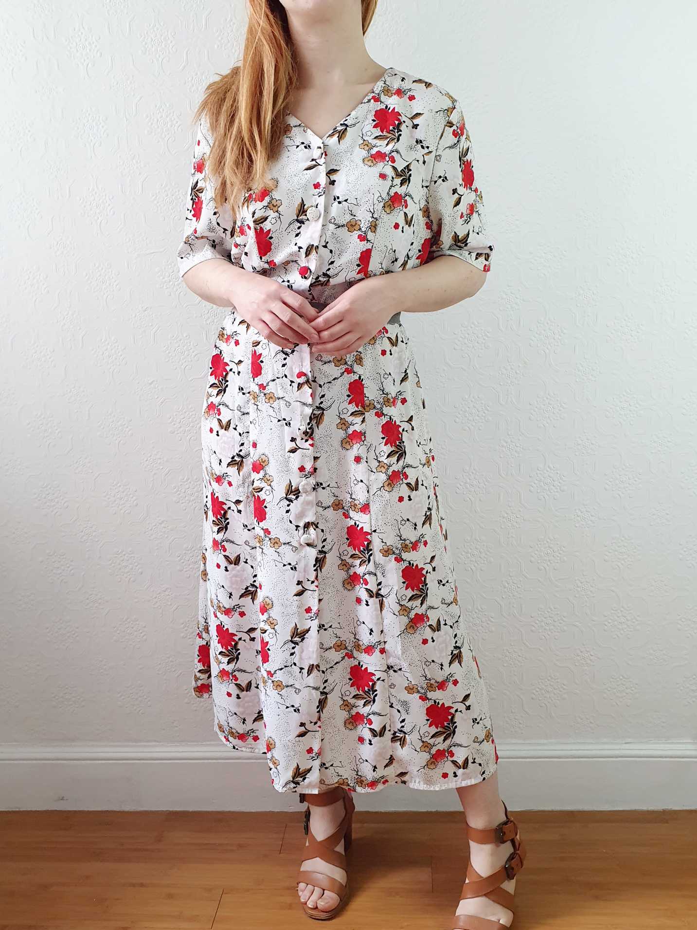 Vintage White and Red Floral Short Sleeve Dress  - XL