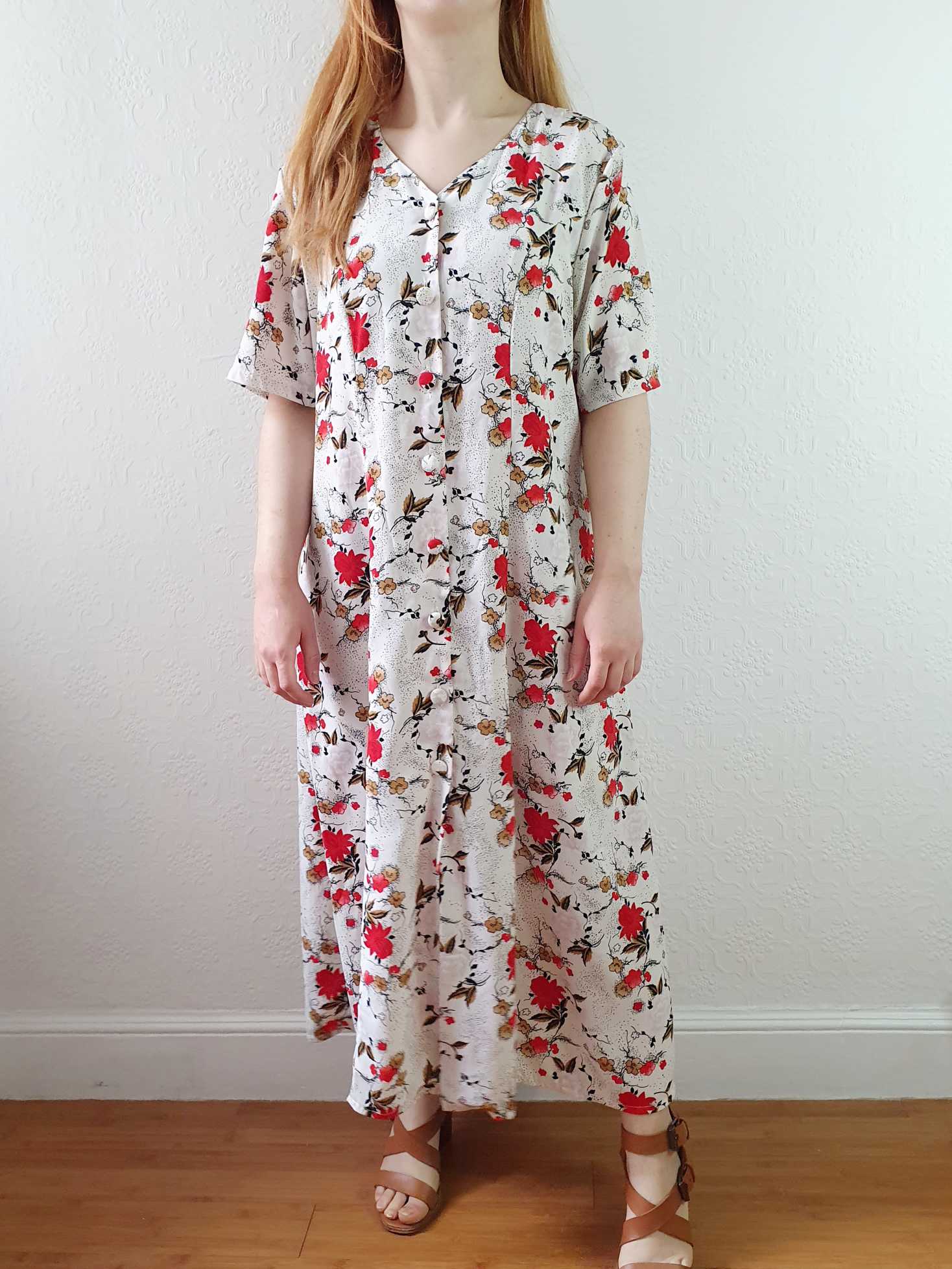 Vintage White and Red Floral Short Sleeve Dress  - XL - Image 3