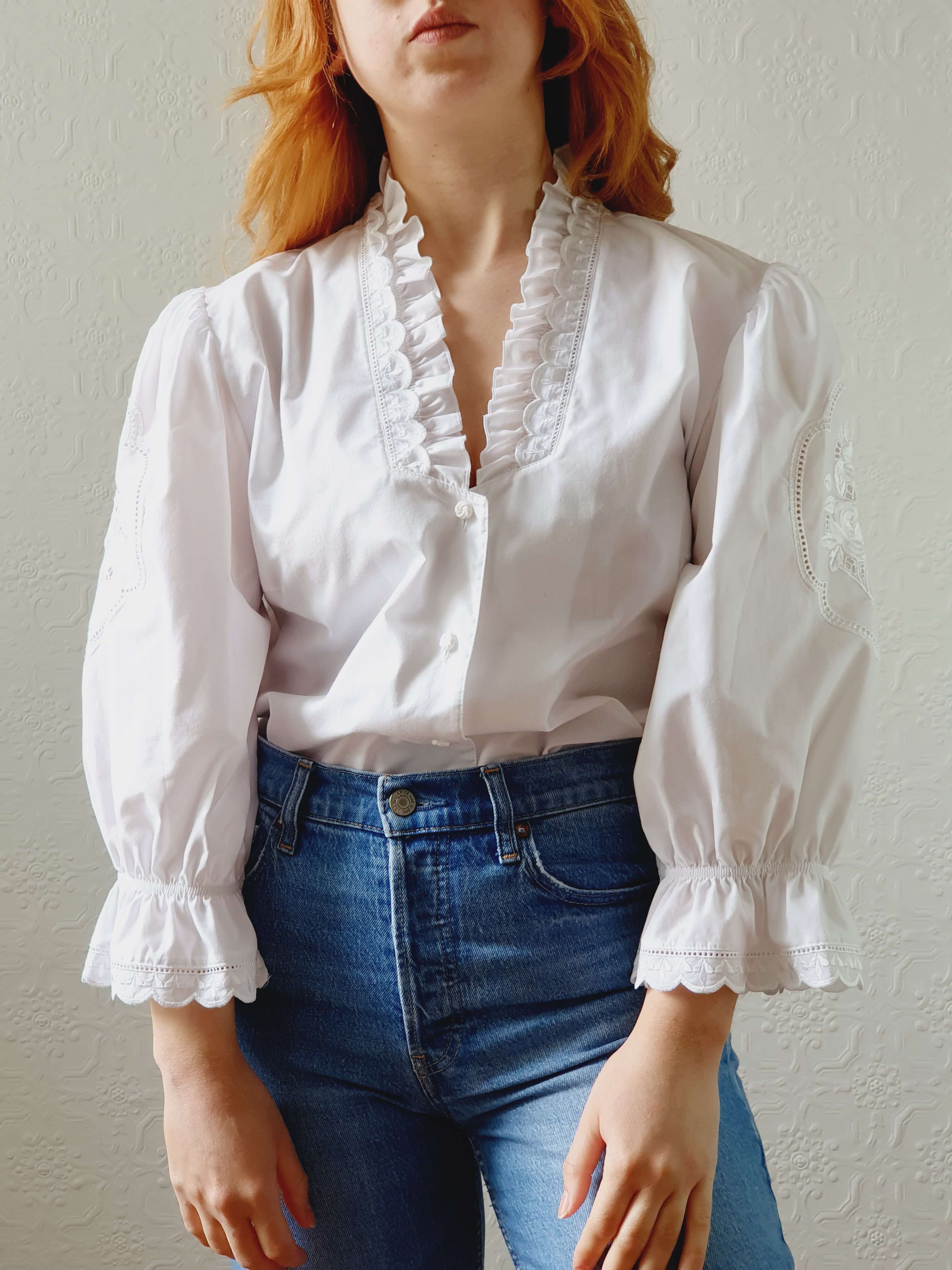 Vintage White Austrian Dirndl Blouse with Puff Sleeves - L/XL