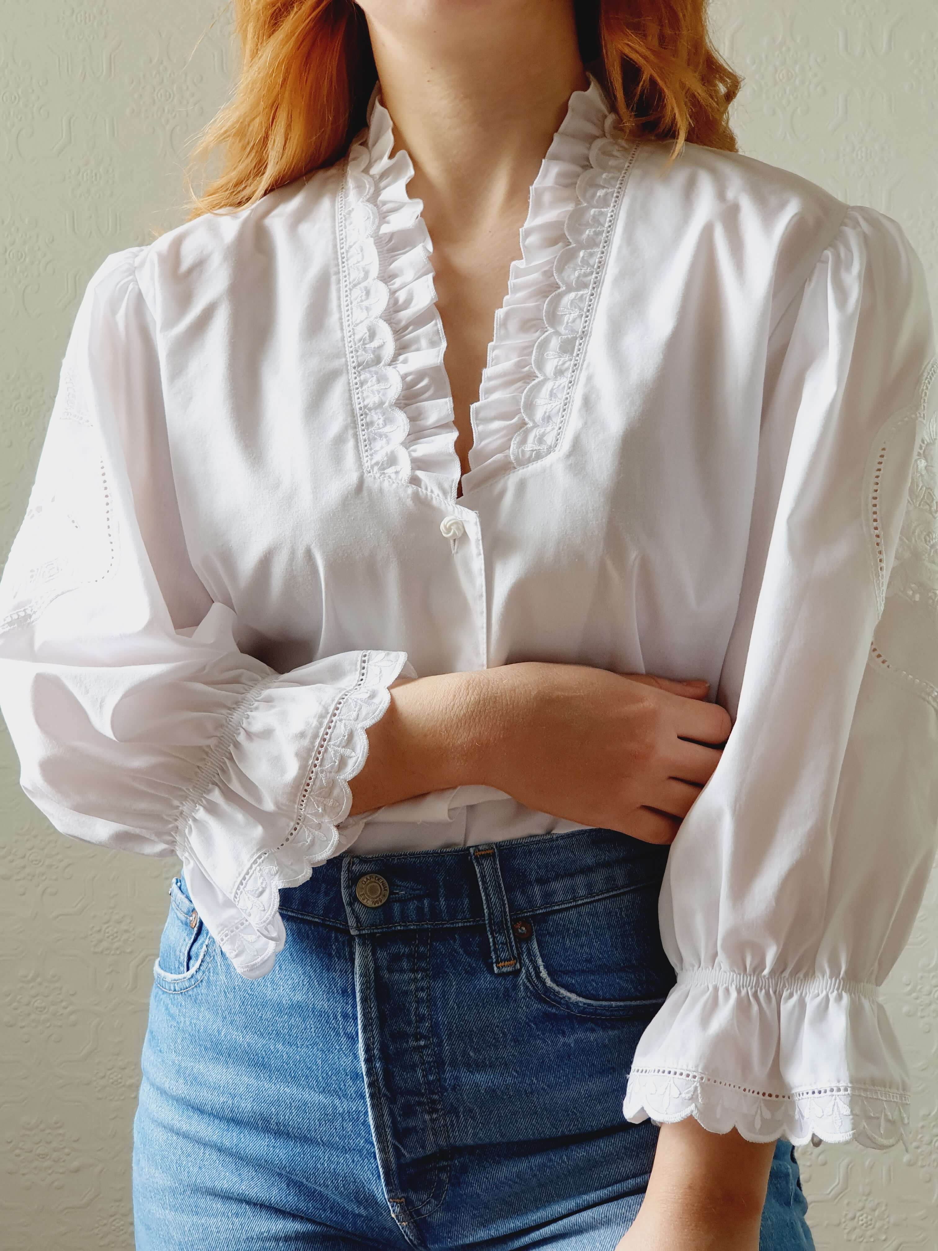 Vintage White Austrian Dirndl Blouse with Puff Sleeves - L/XL - Image 10