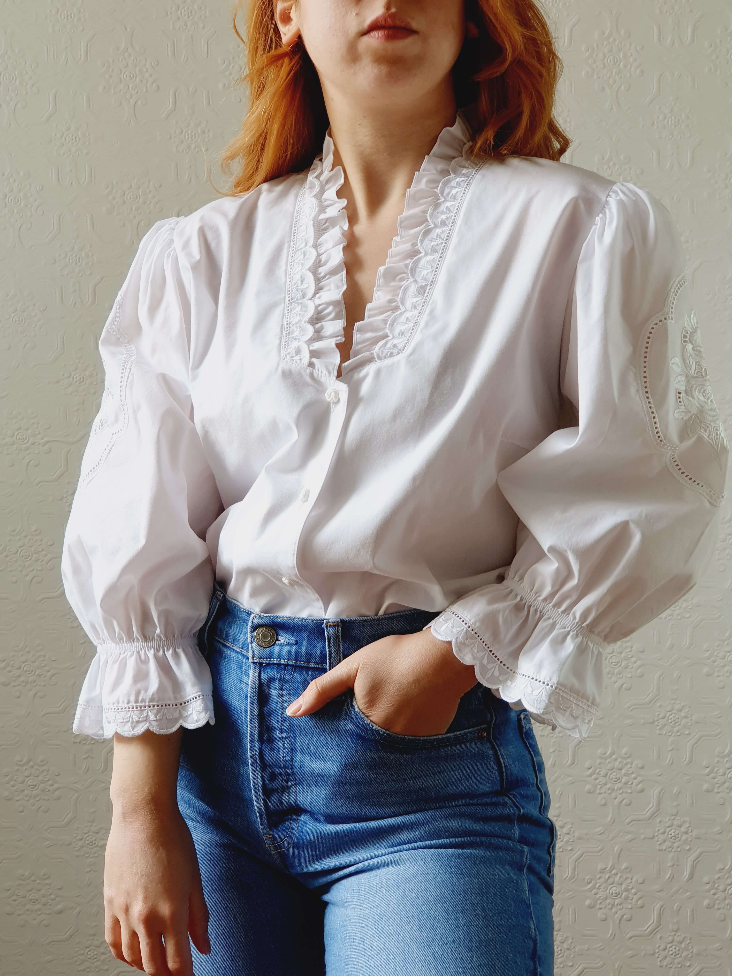 Vintage White Austrian Dirndl Blouse with Puff Sleeves - L/XL - Image 11
