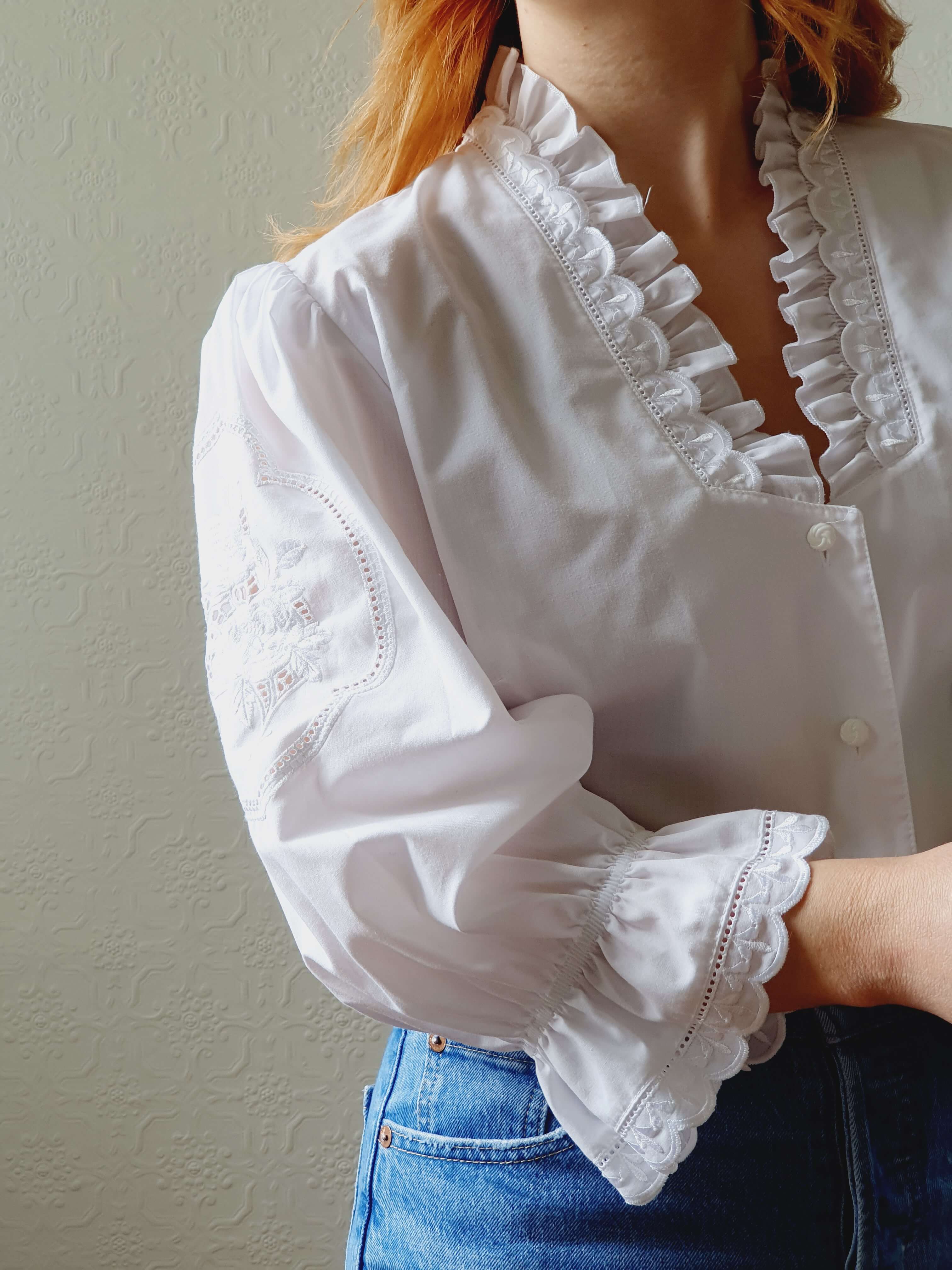 Vintage White Austrian Dirndl Blouse with Puff Sleeves - L/XL - Image 12