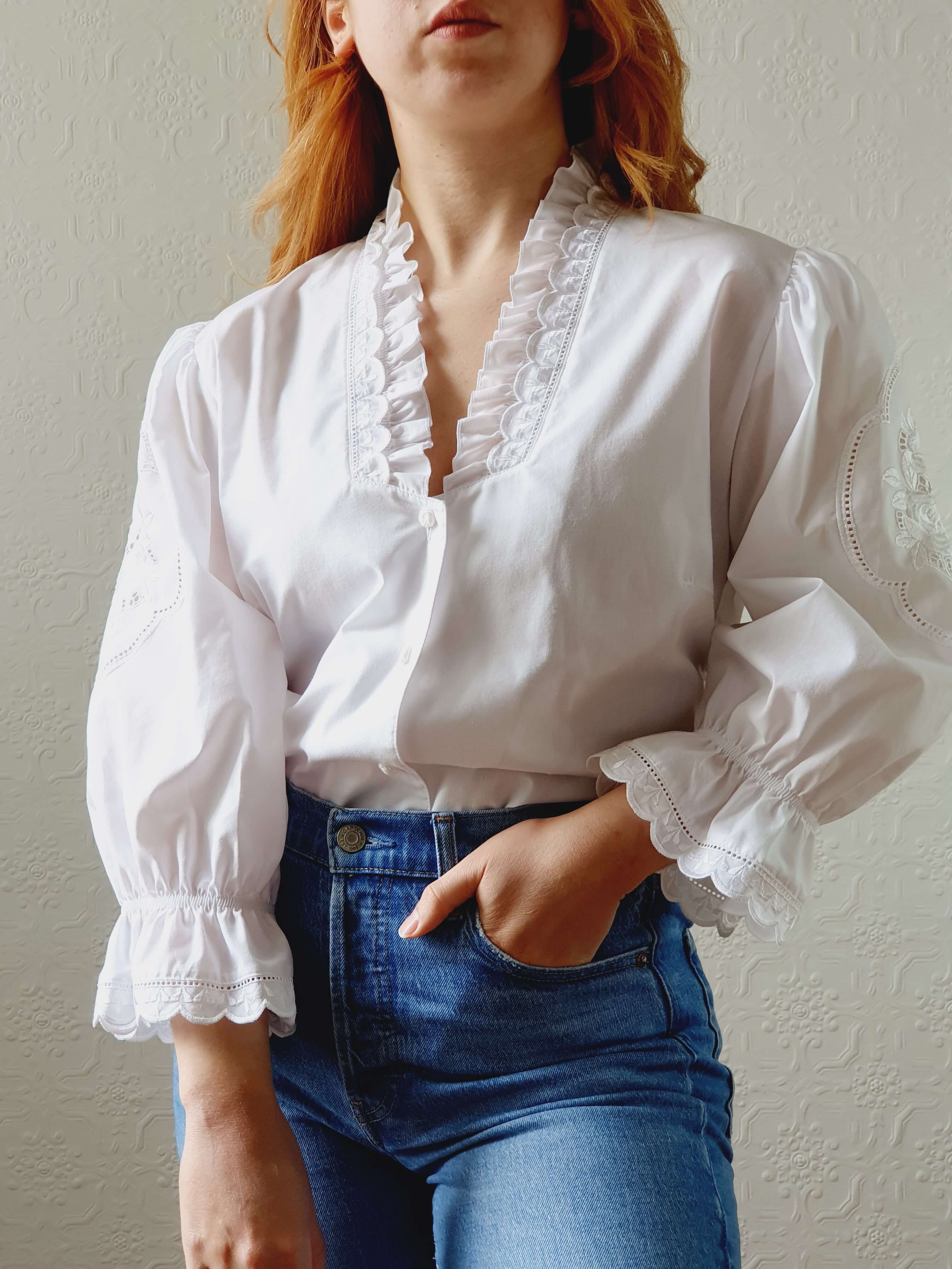 Vintage White Austrian Dirndl Blouse with Puff Sleeves - L/XL - Image 2