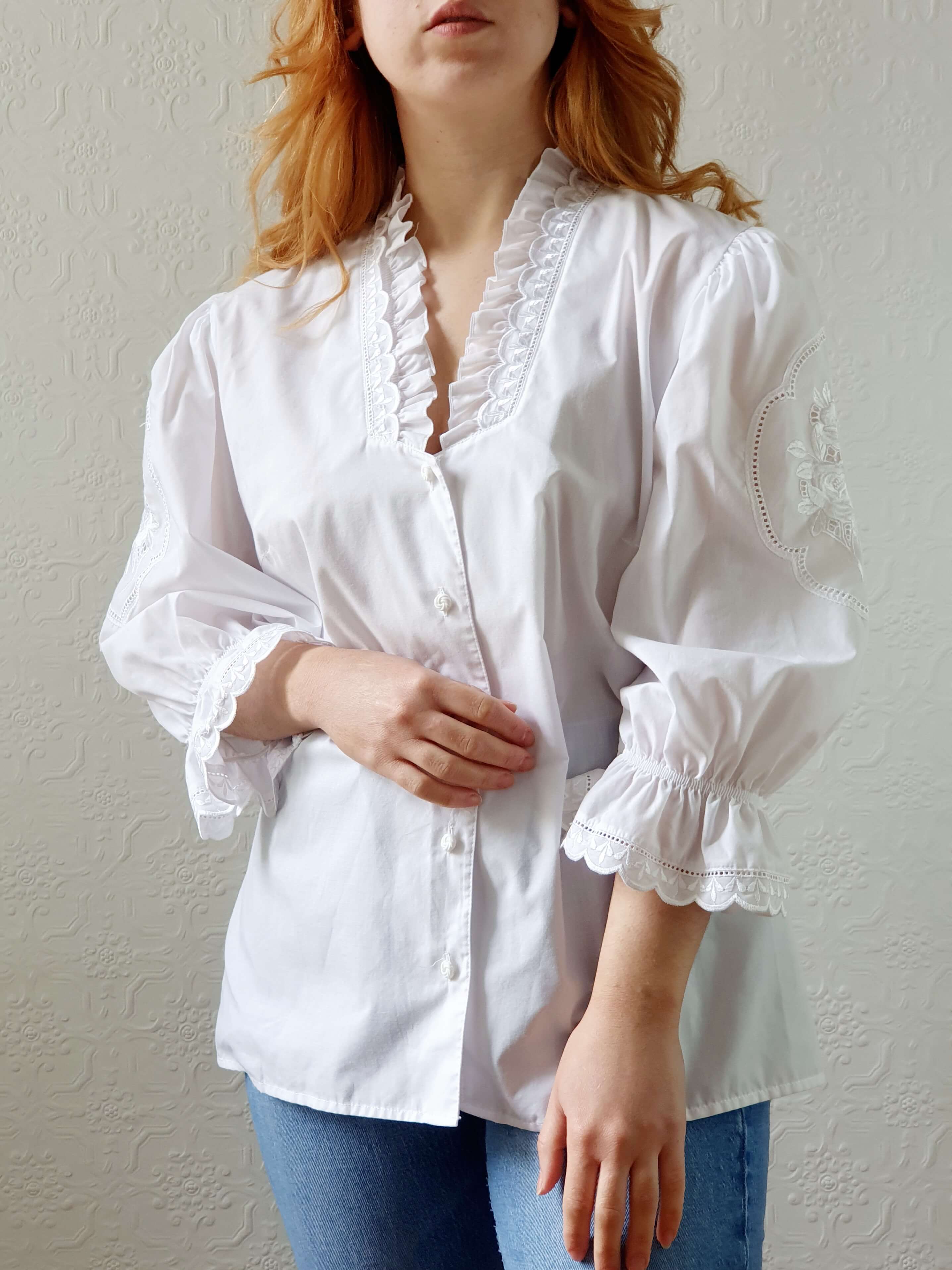 Vintage White Austrian Dirndl Blouse with Puff Sleeves - L/XL - Image 3