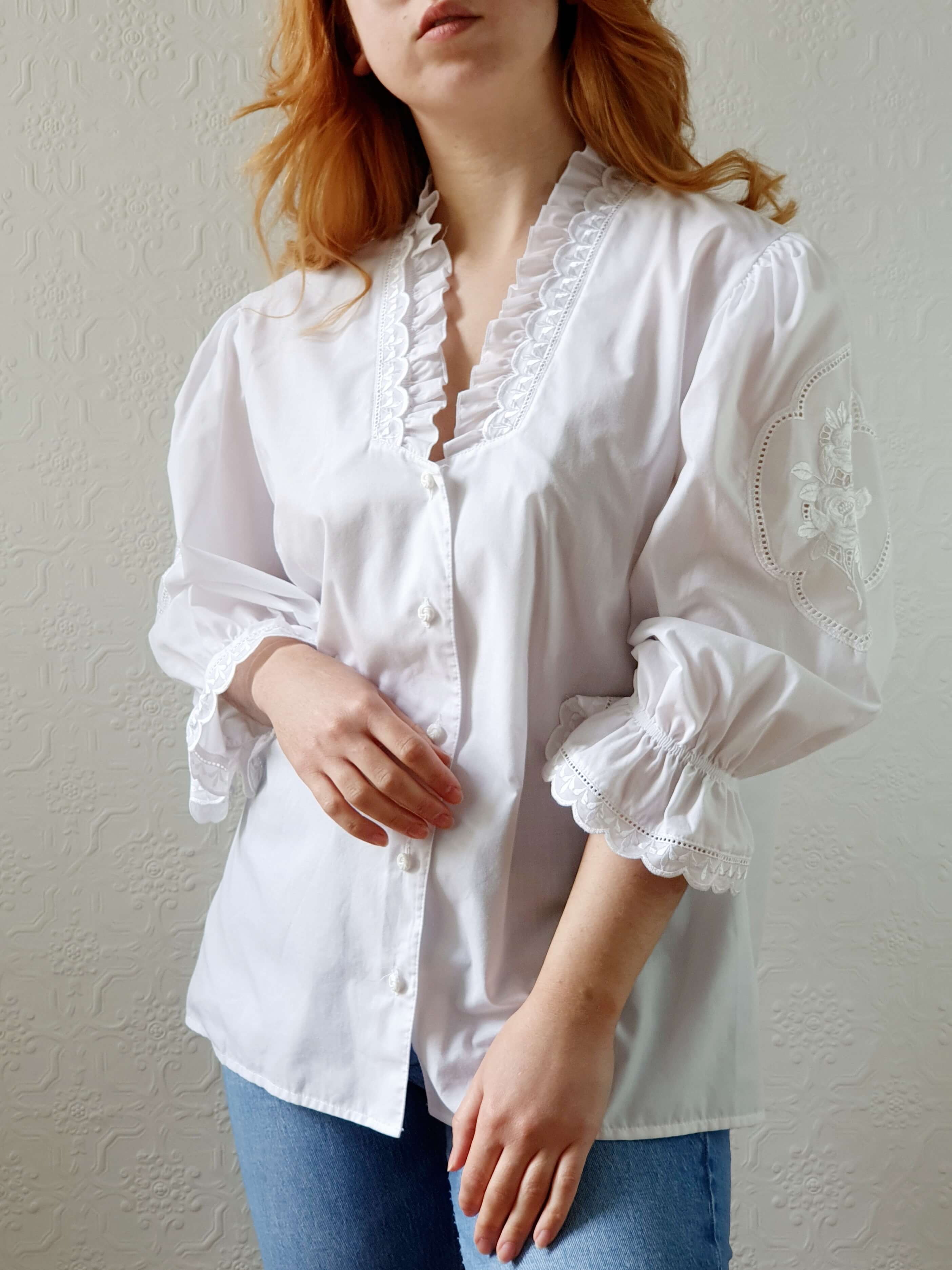 Vintage White Austrian Dirndl Blouse with Puff Sleeves - L/XL - Image 4