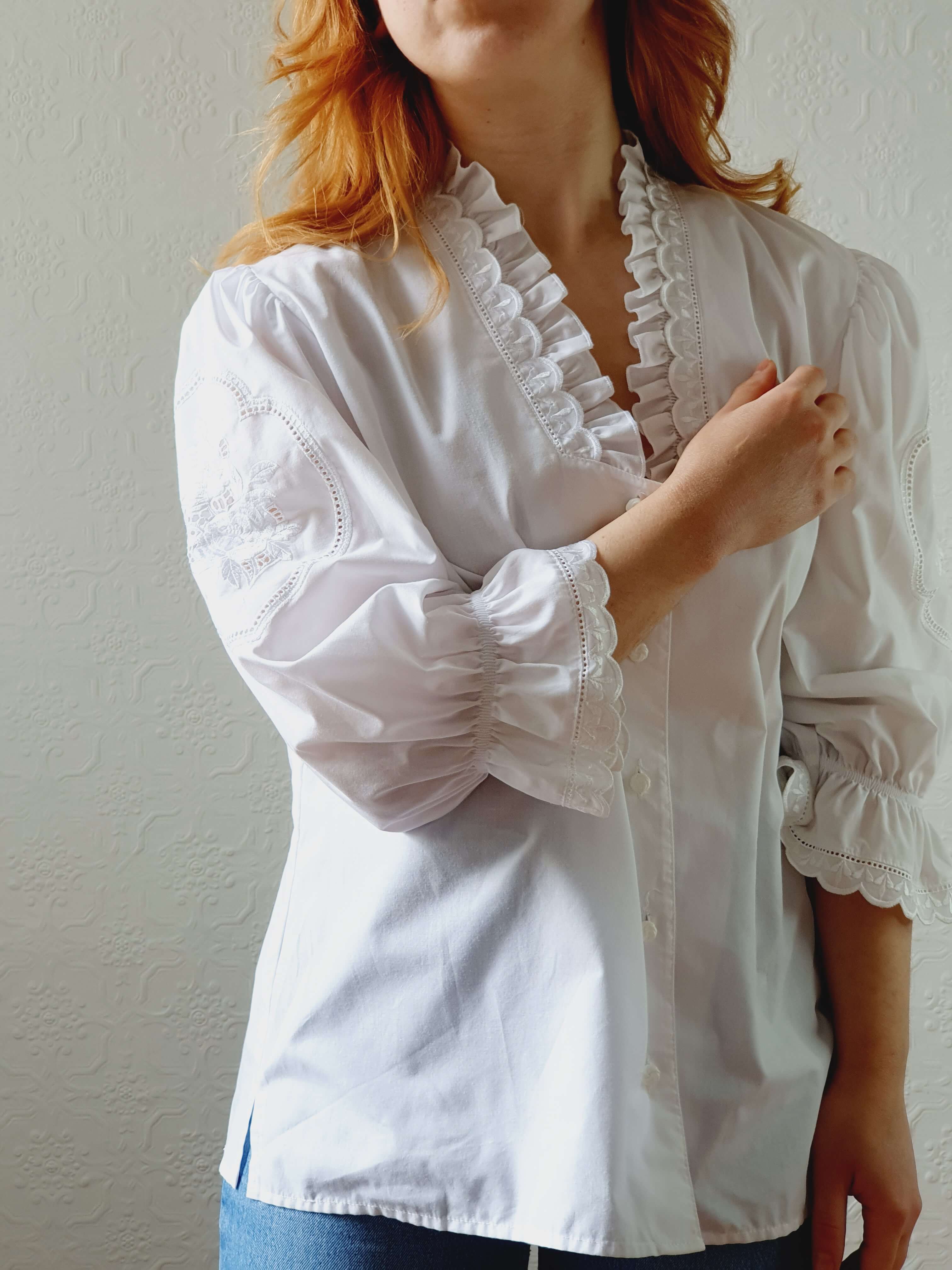 Vintage White Austrian Dirndl Blouse with Puff Sleeves - L/XL - Image 5