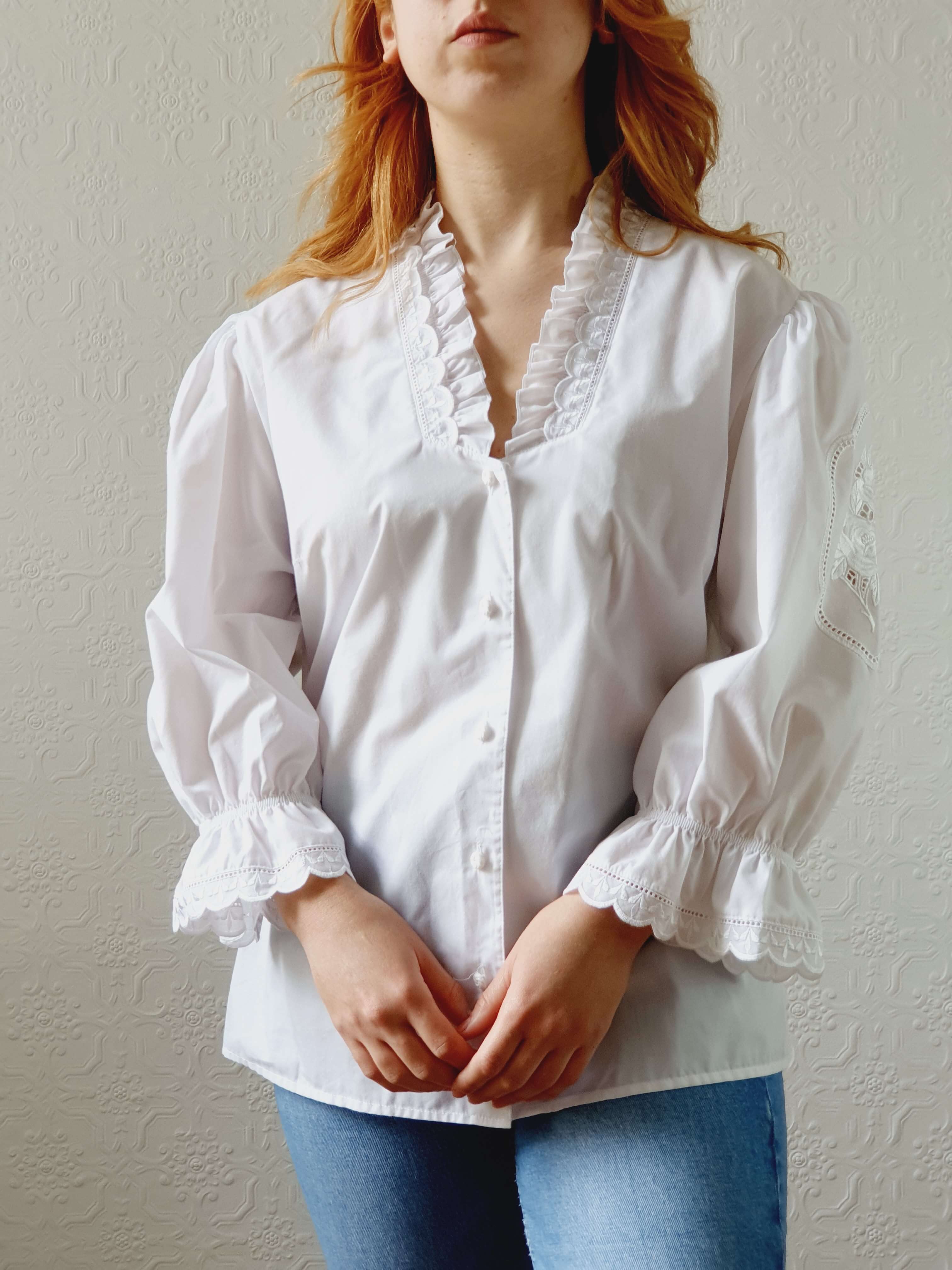 Vintage White Austrian Dirndl Blouse with Puff Sleeves - L/XL - Image 6