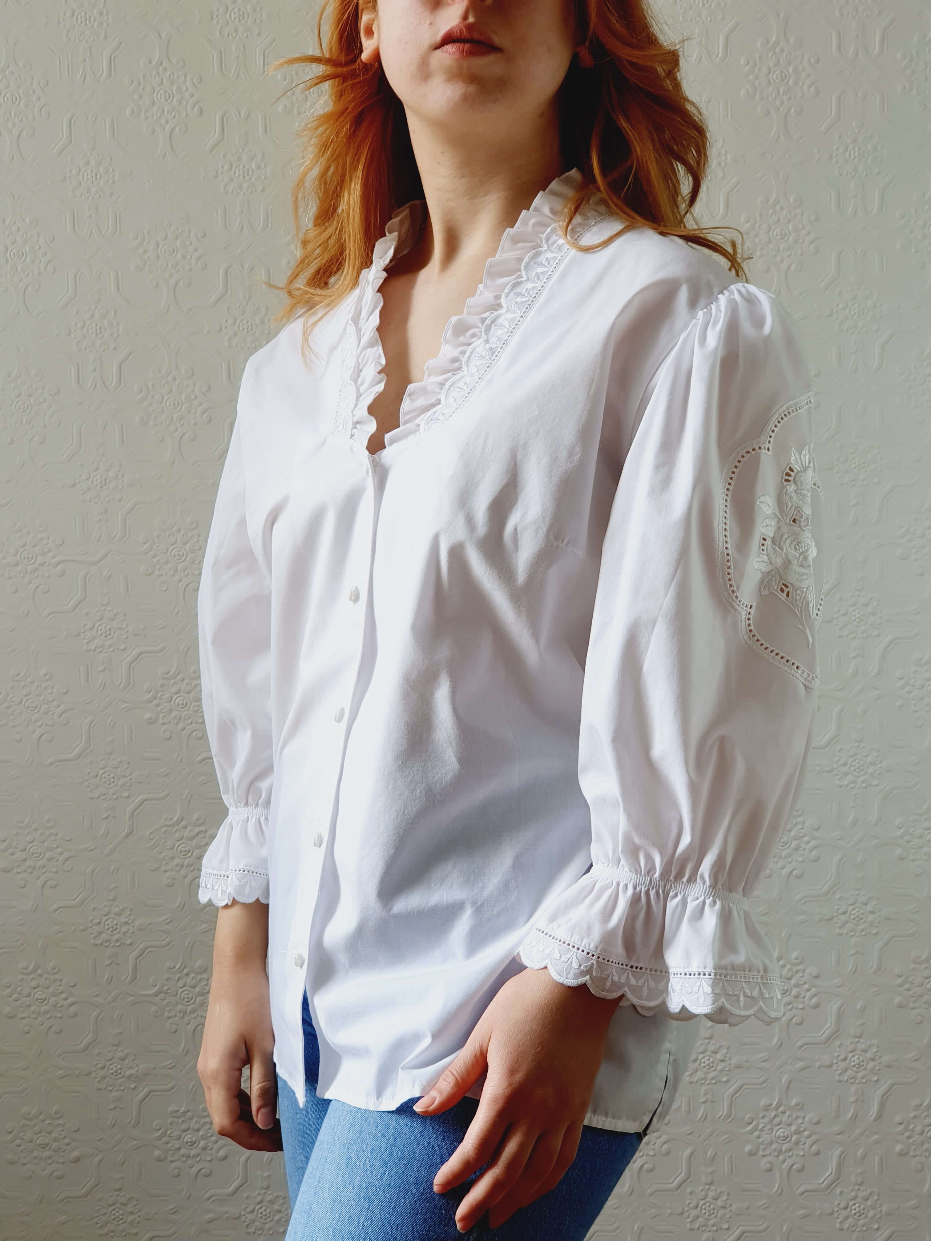 Vintage White Austrian Dirndl Blouse with Puff Sleeves - L/XL - Image 7