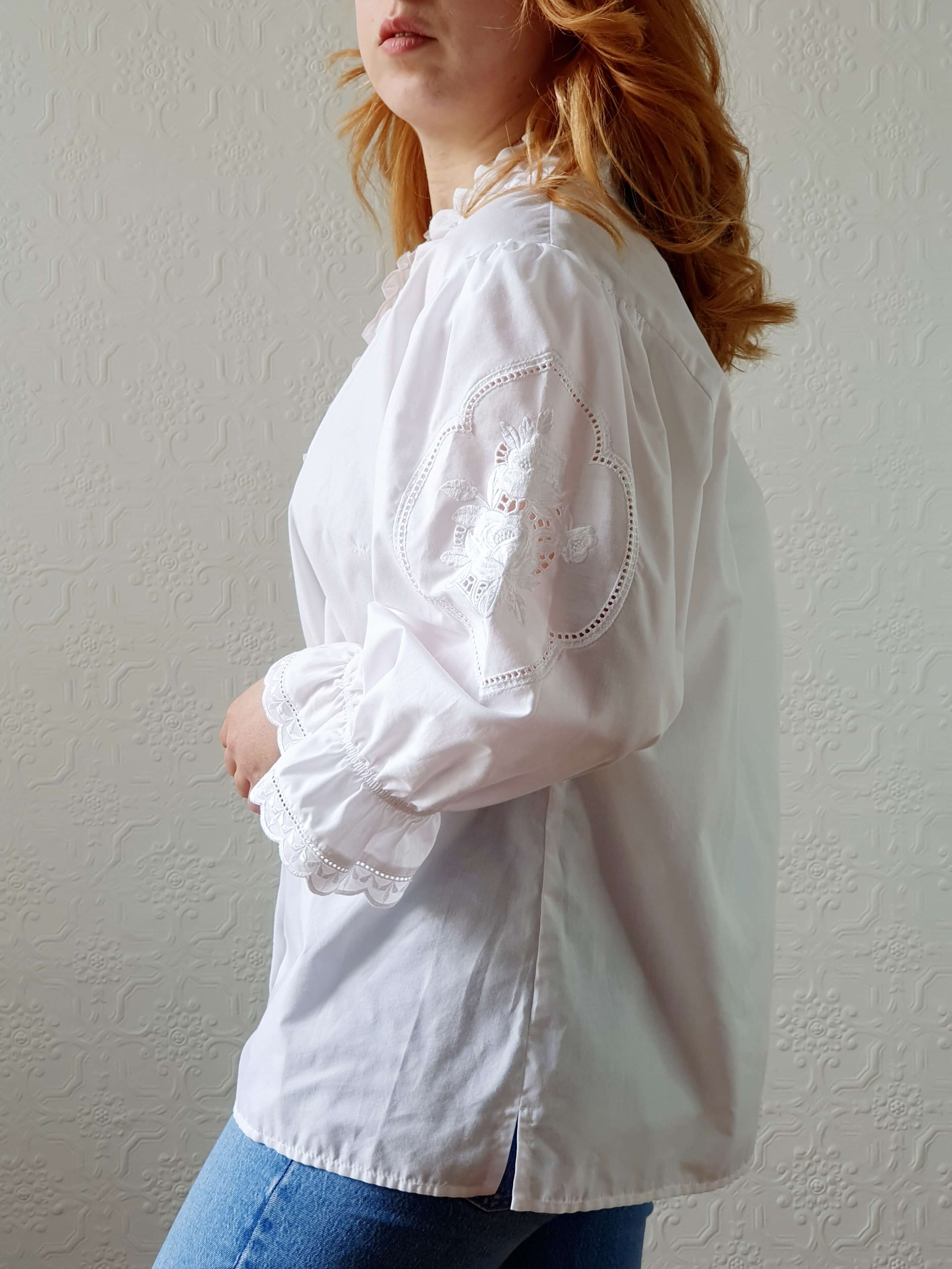 Vintage White Austrian Dirndl Blouse with Puff Sleeves - L/XL - Image 9