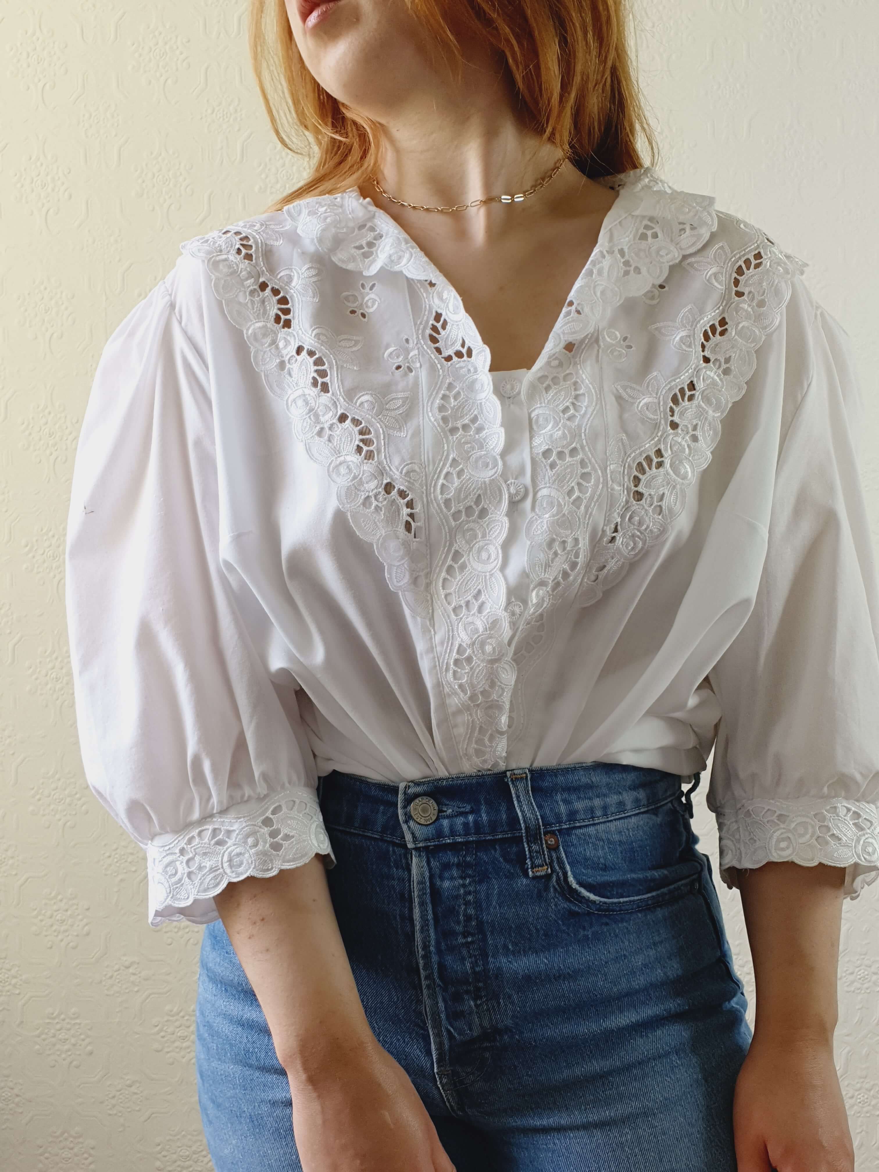 Vintage White Austrian Dirndl Lacy Blouse with Puff Sleeves - XL/XXL