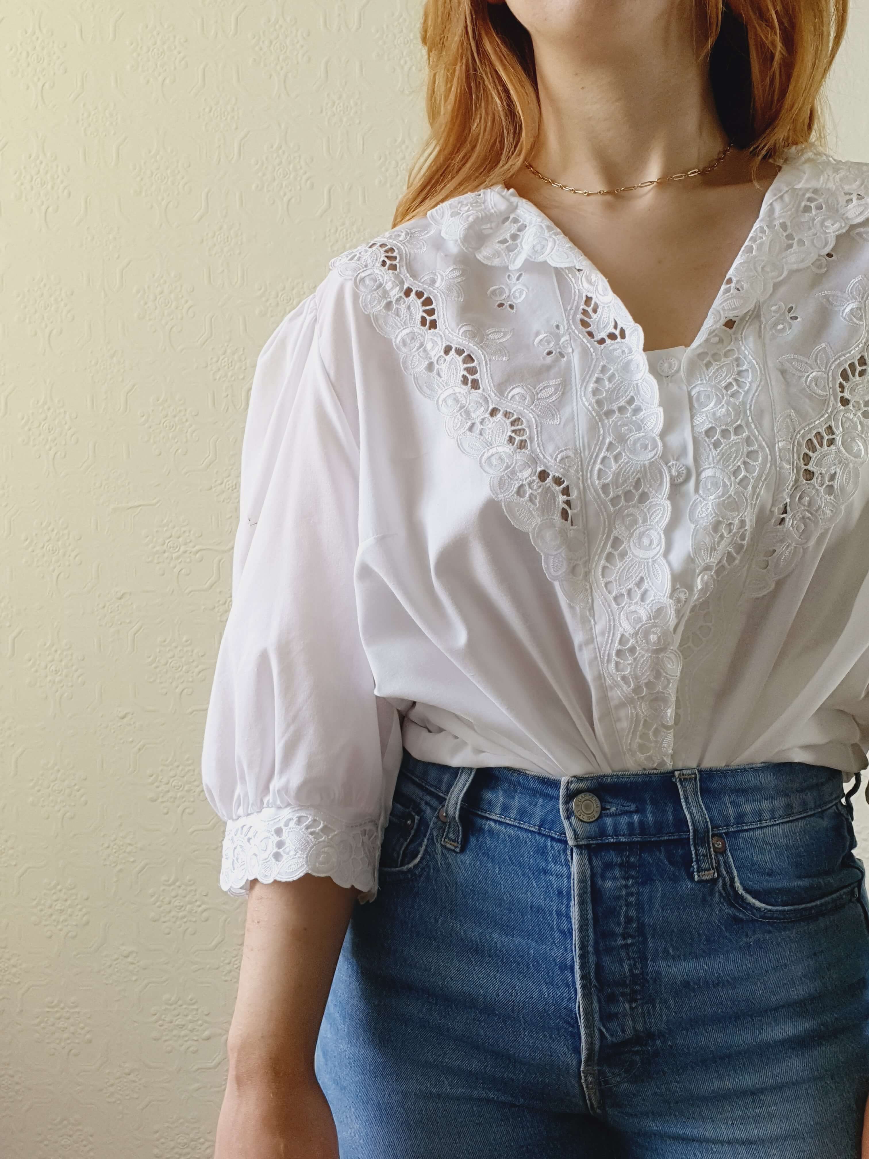 Vintage White Austrian Dirndl Lacy Blouse with Puff Sleeves - XL/XXL - Image 3