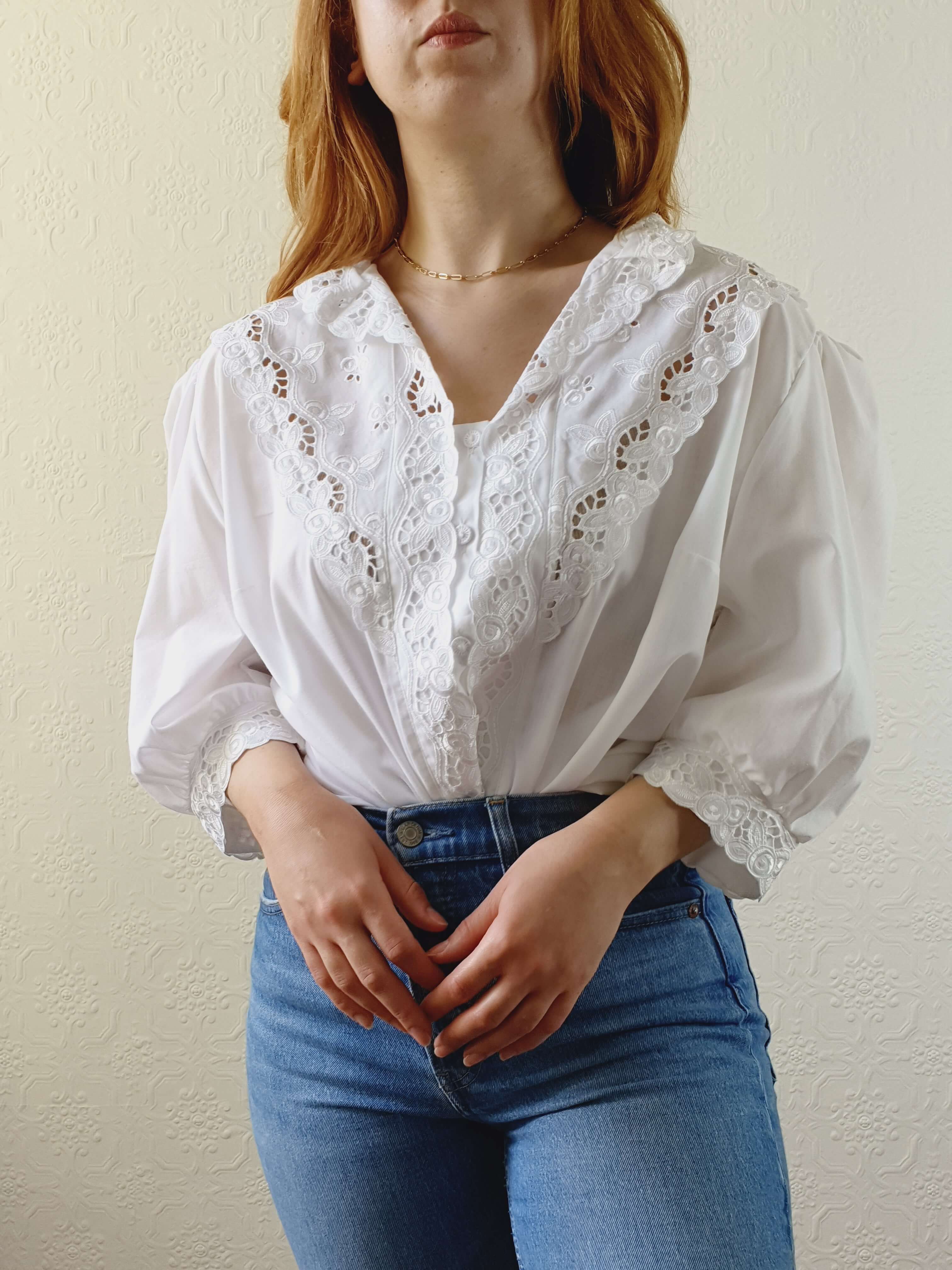 Vintage White Austrian Dirndl Lacy Blouse with Puff Sleeves - XL/XXL - Image 5