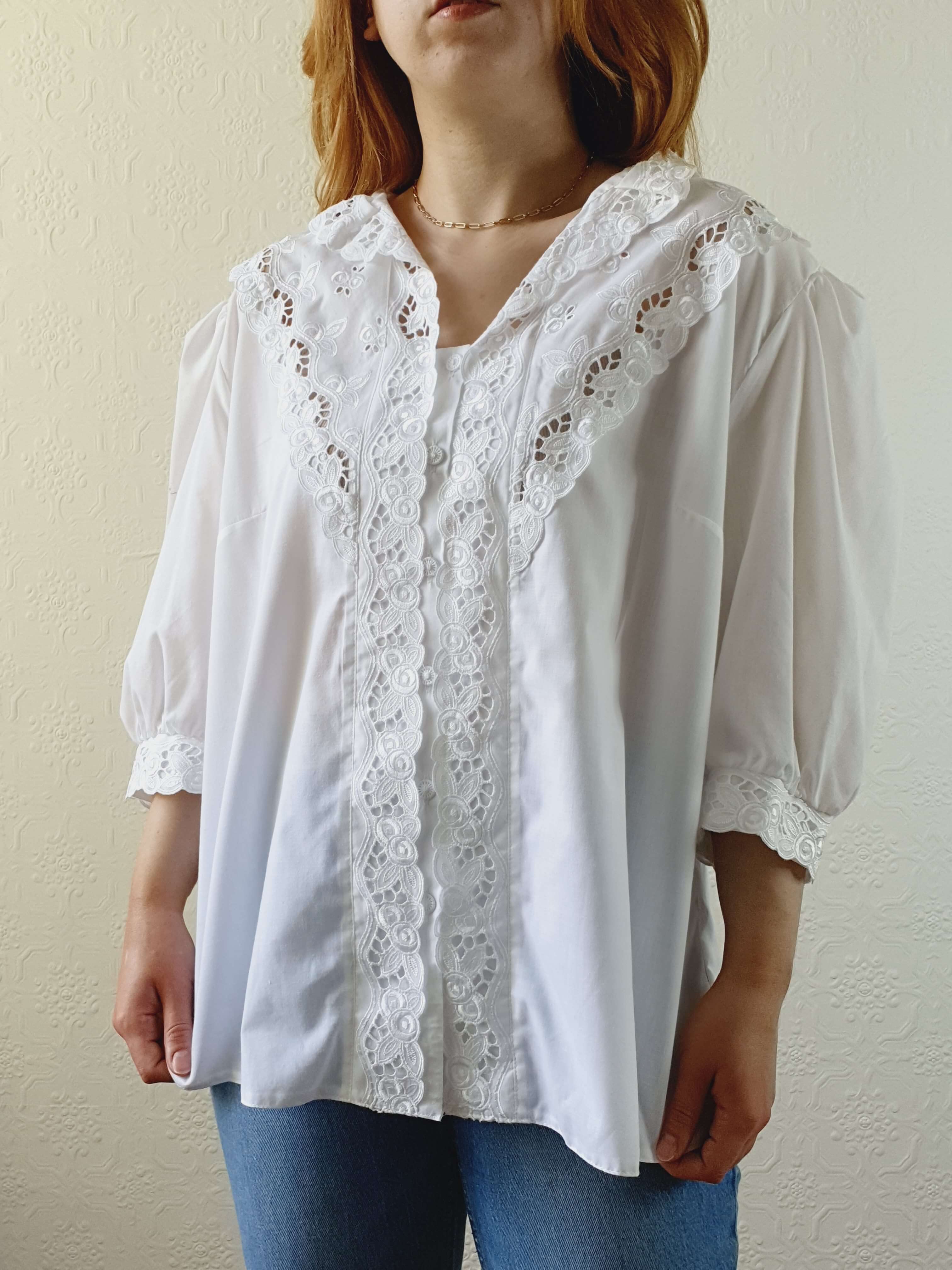 Vintage White Austrian Dirndl Lacy Blouse with Puff Sleeves - XL/XXL - Image 7