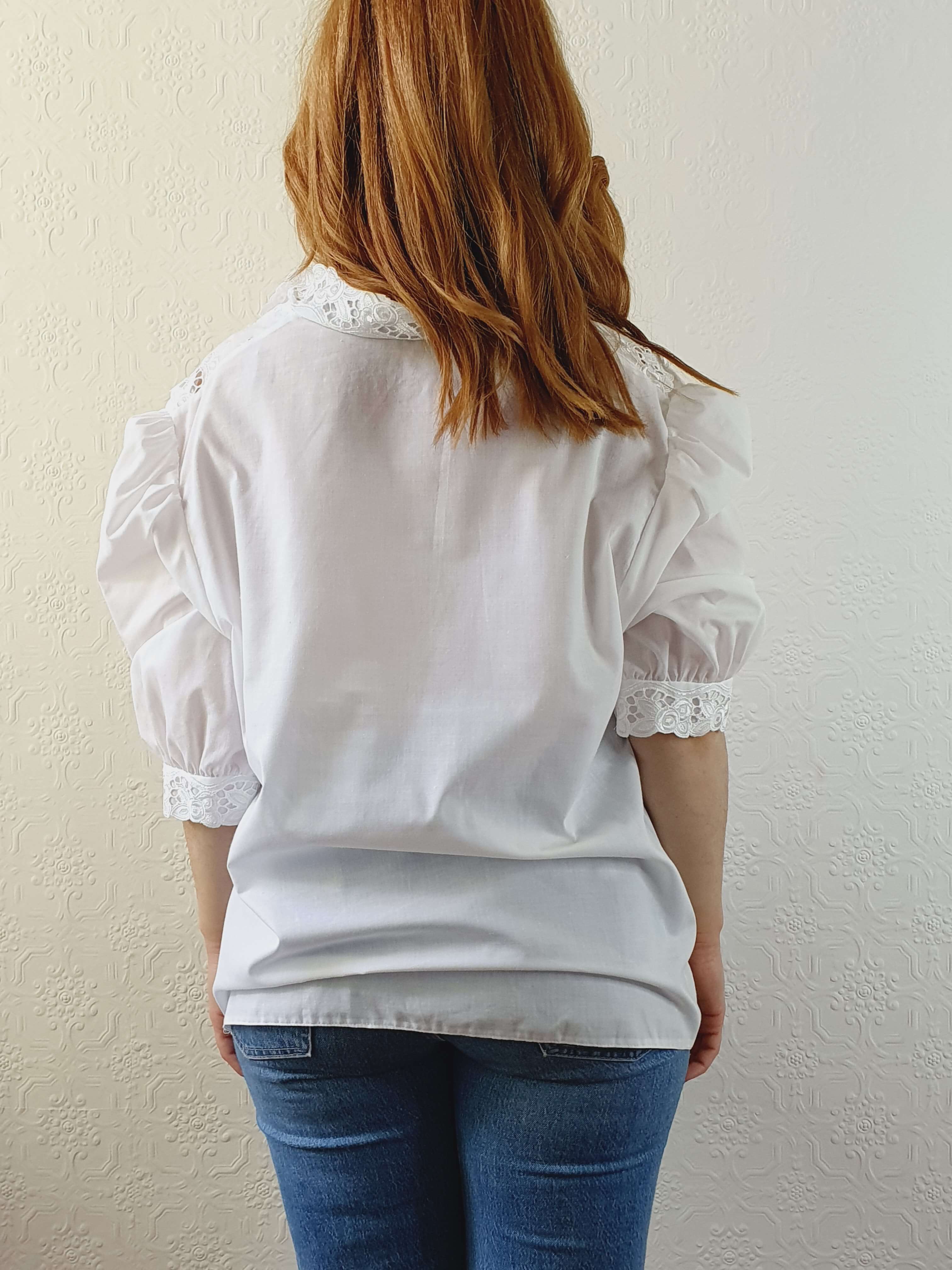 Vintage White Austrian Dirndl Lacy Blouse with Puff Sleeves - XL/XXL - Image 8