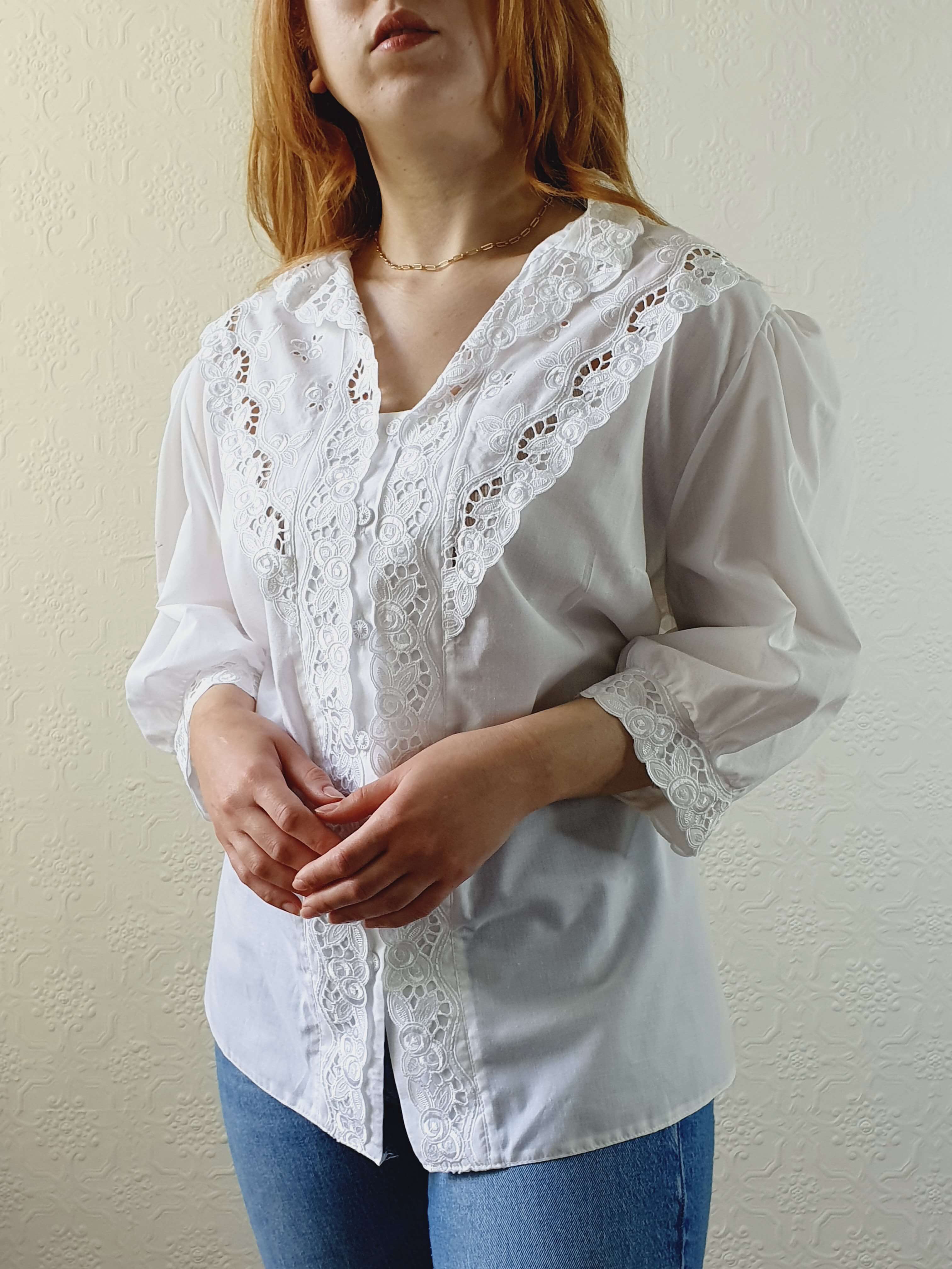 Vintage White Austrian Dirndl Lacy Blouse with Puff Sleeves - XL/XXL - Image 9