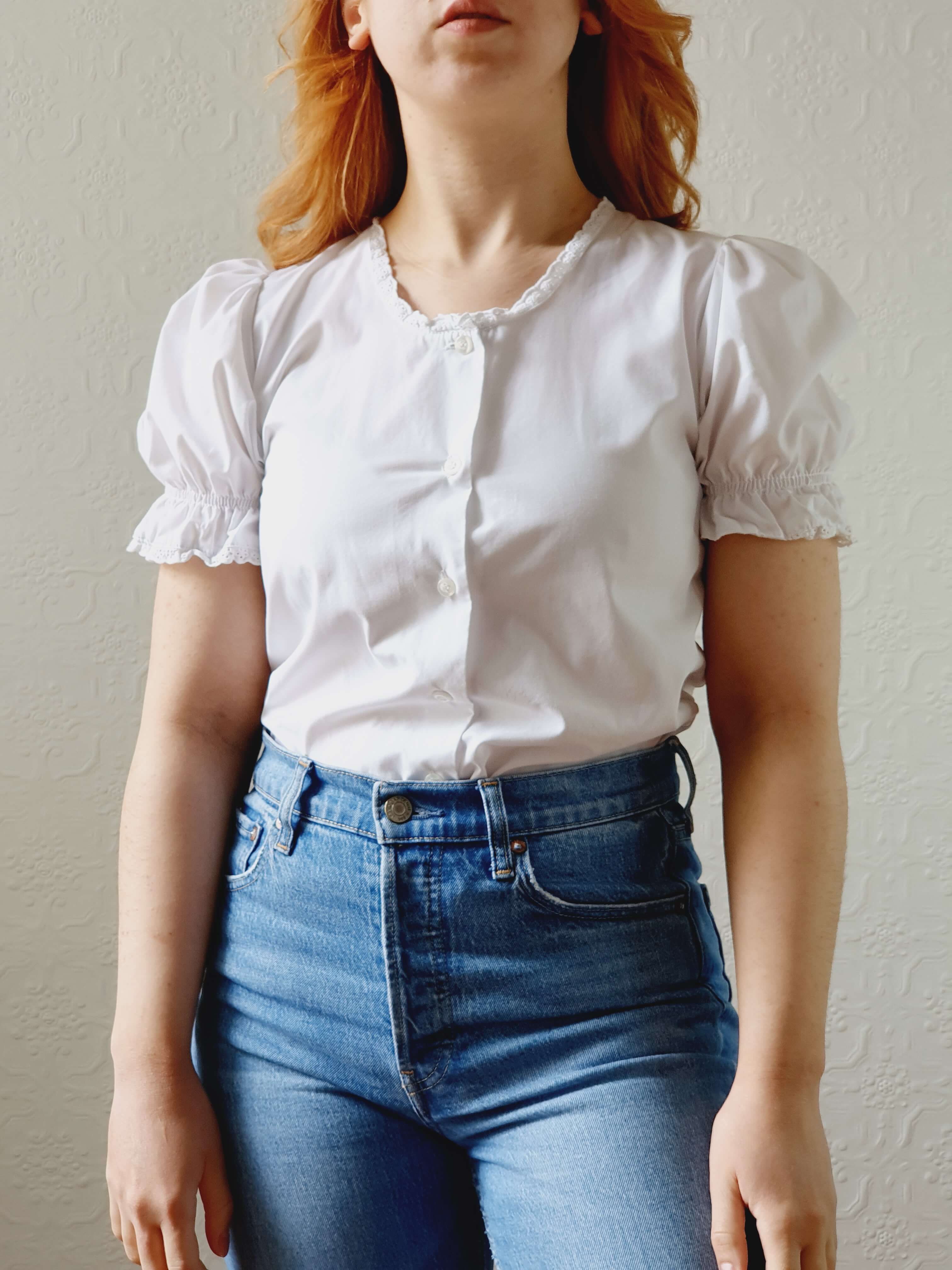 Vintage White Austrian Lacy Dirndl Blouse with Puff Sleeves - XS/S