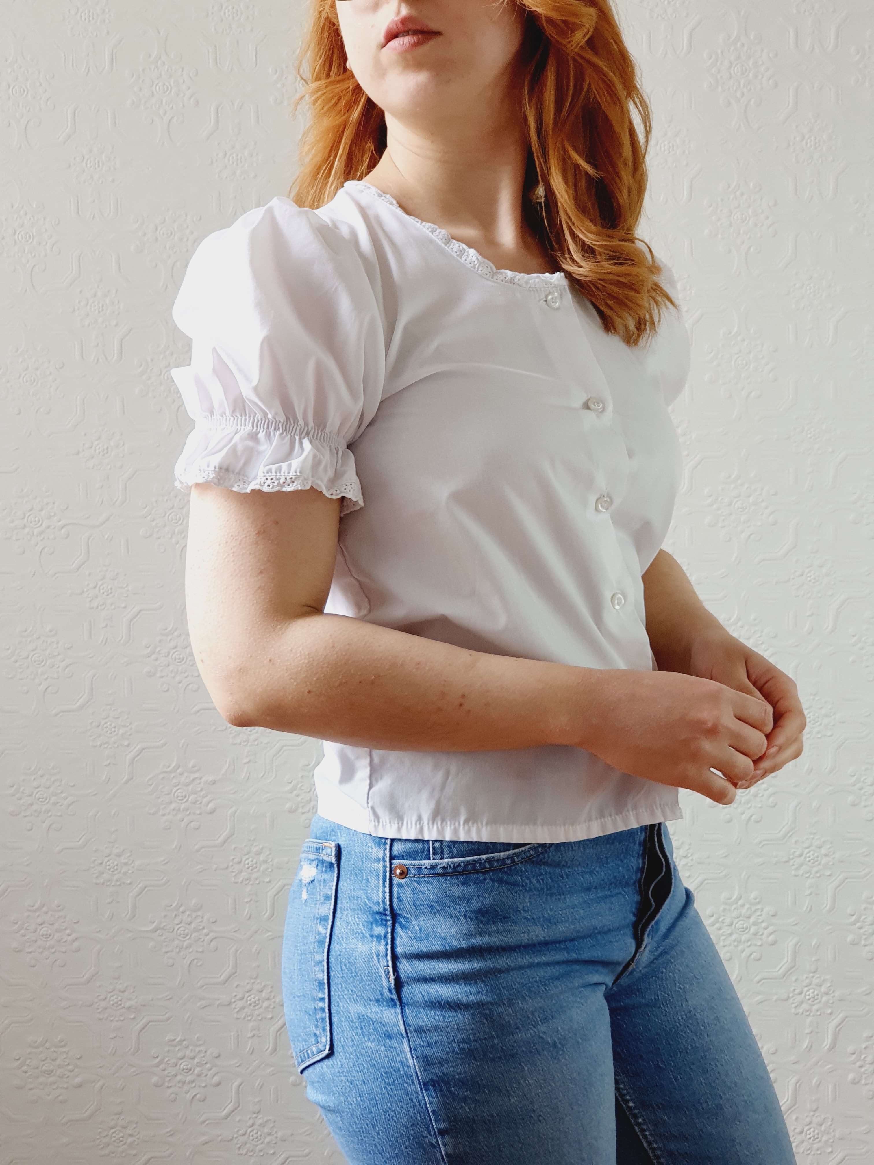 Vintage White Austrian Lacy Dirndl Blouse with Puff Sleeves - XS/S - Image 5