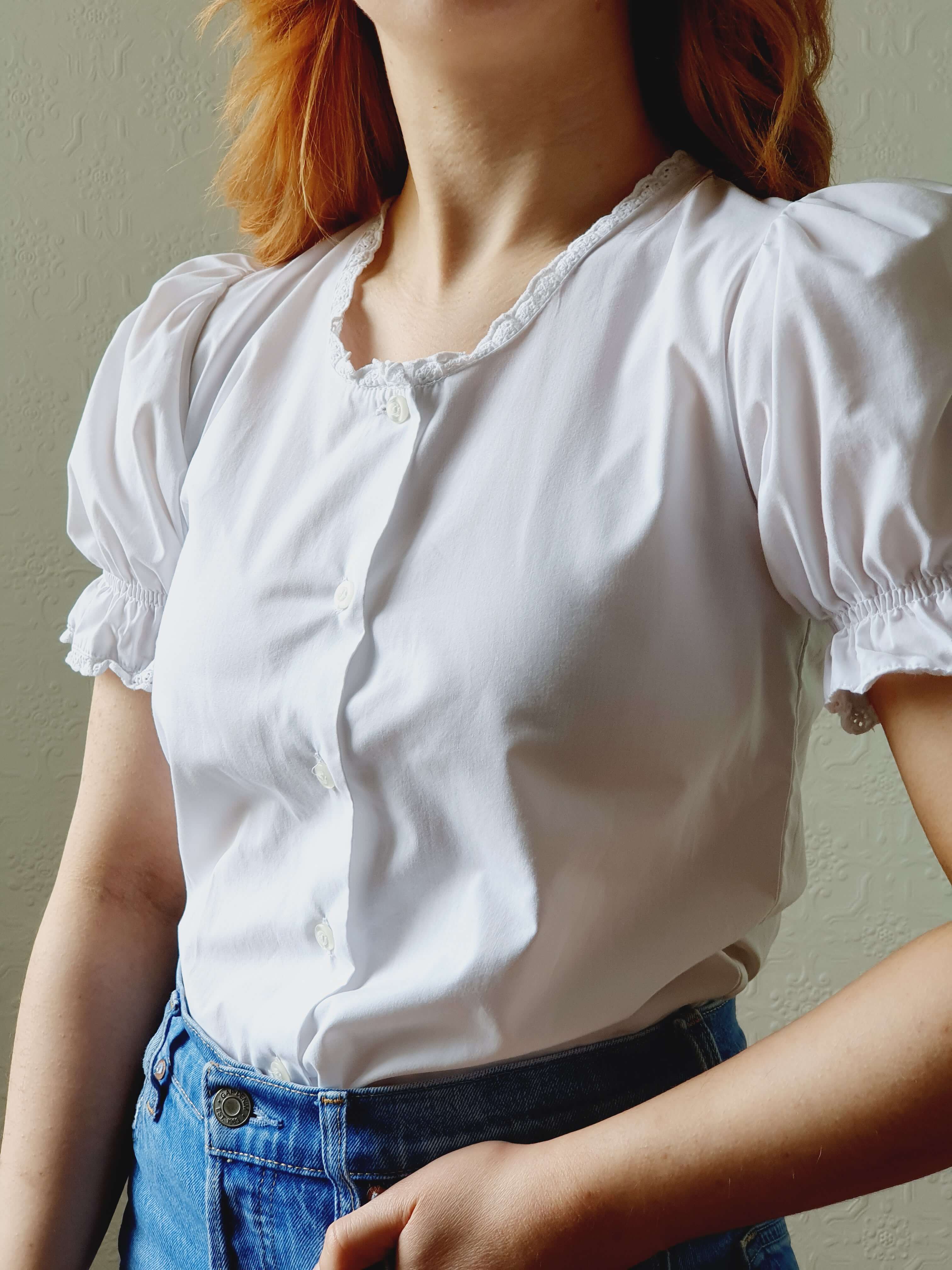 Vintage White Austrian Lacy Dirndl Blouse with Puff Sleeves - XS/S - Image 9