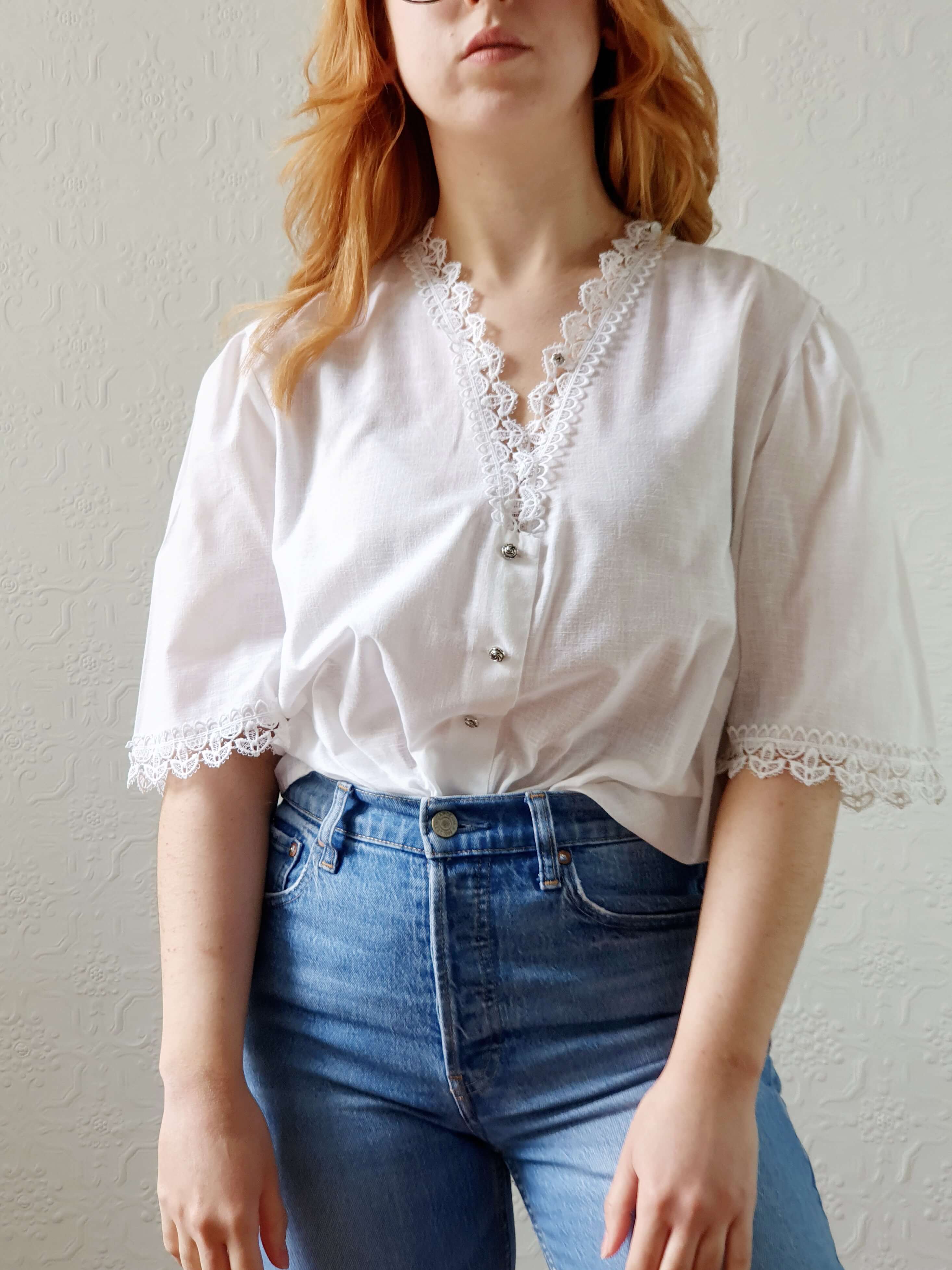 Vintage White Austrian Lacy Dirndl Blouse - XXL