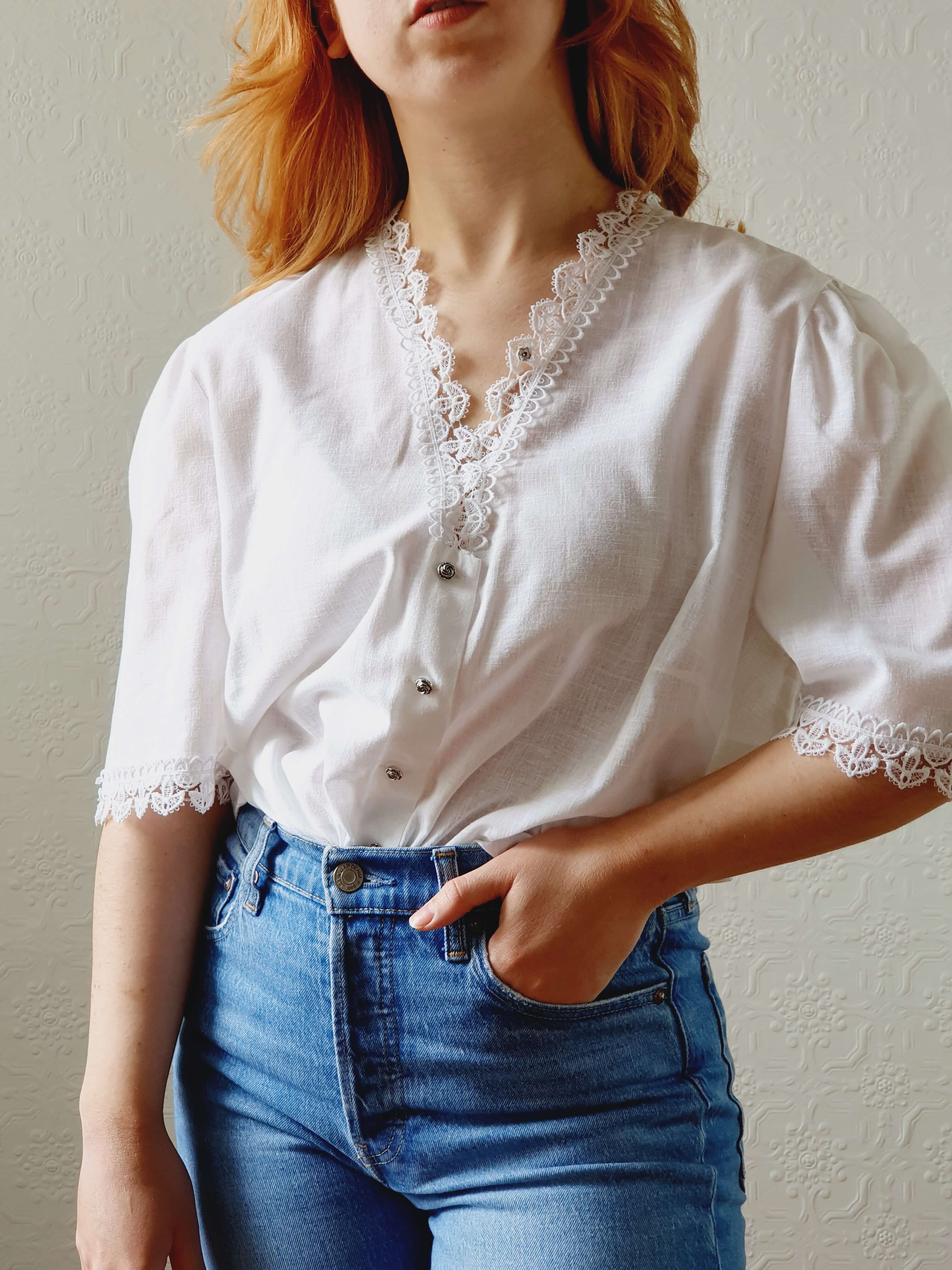 Vintage White Austrian Lacy Dirndl Blouse - XXL - Image 10