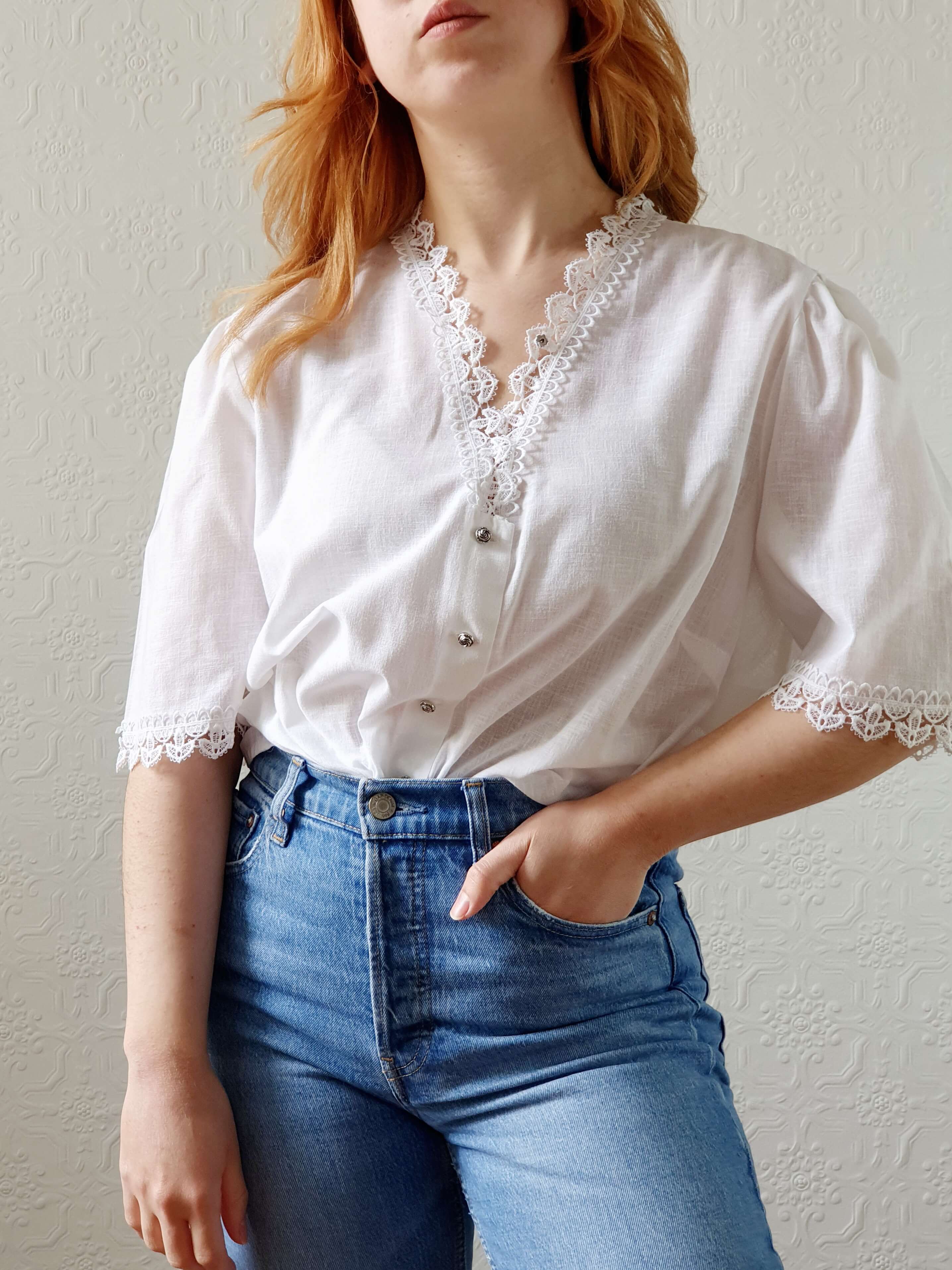 Vintage White Austrian Lacy Dirndl Blouse - XXL - Image 8