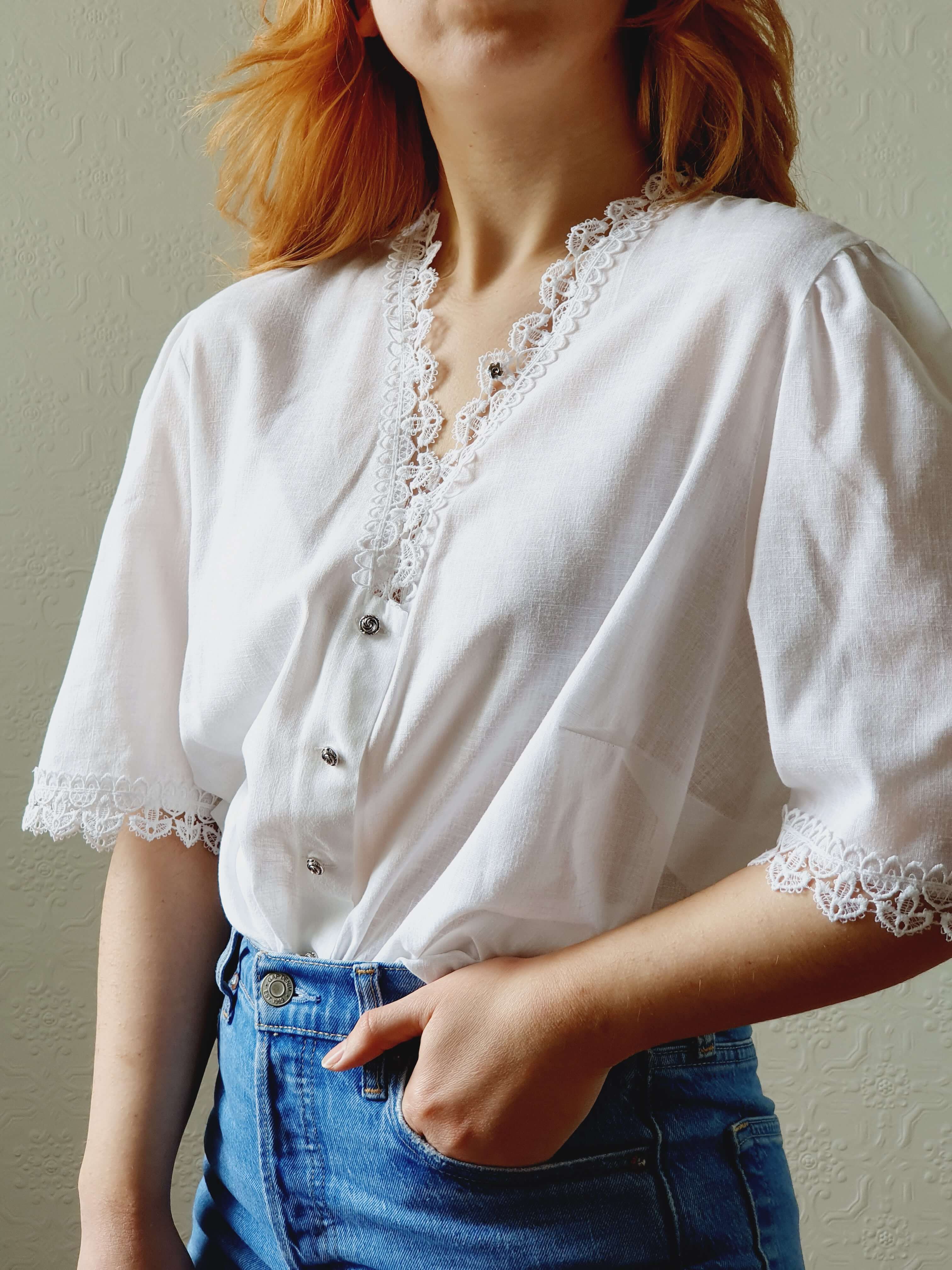 Vintage White Austrian Lacy Dirndl Blouse - XXL - Image 9