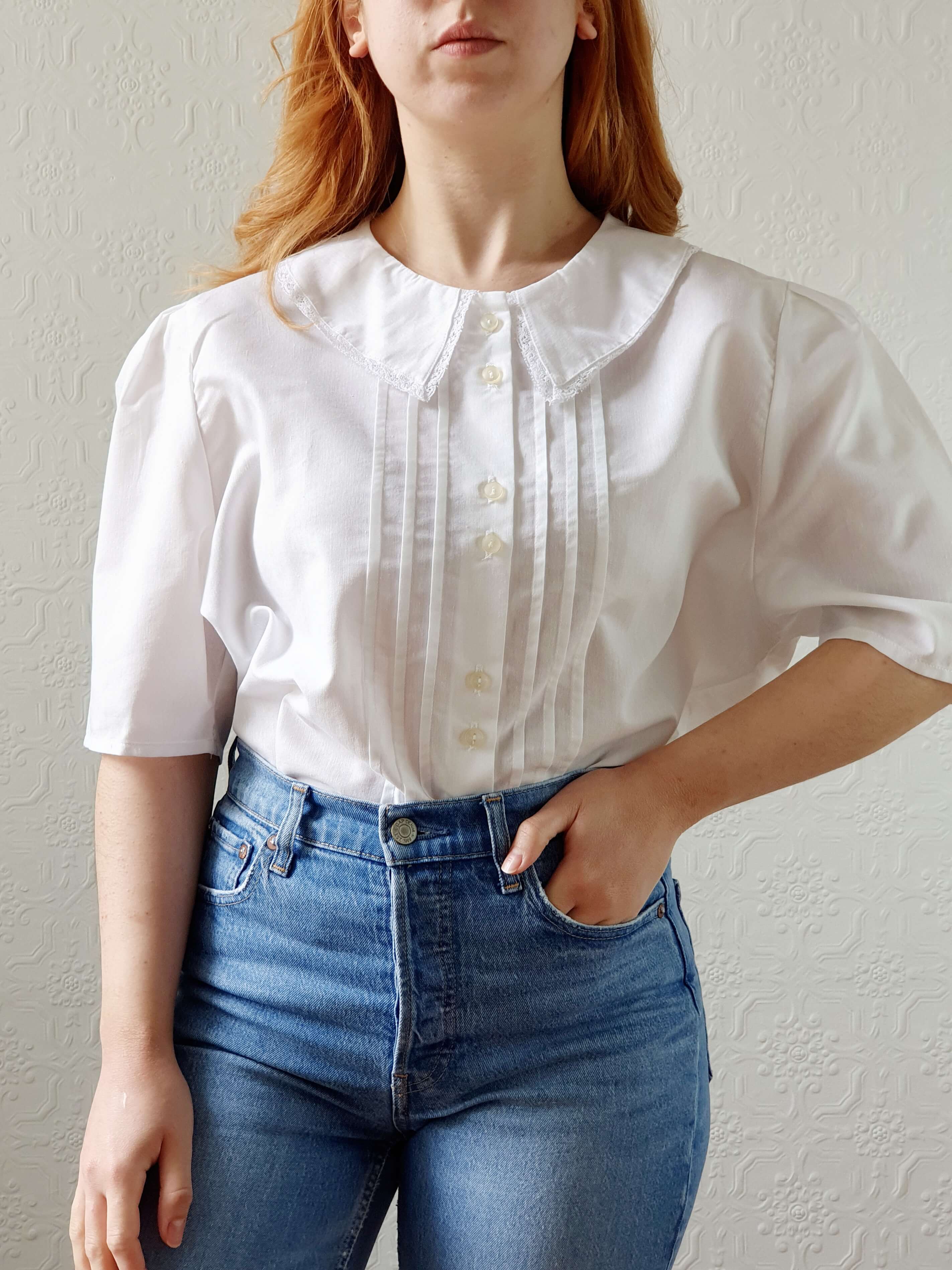 Vintage White Blouse with Lacy Statement Collar - XL