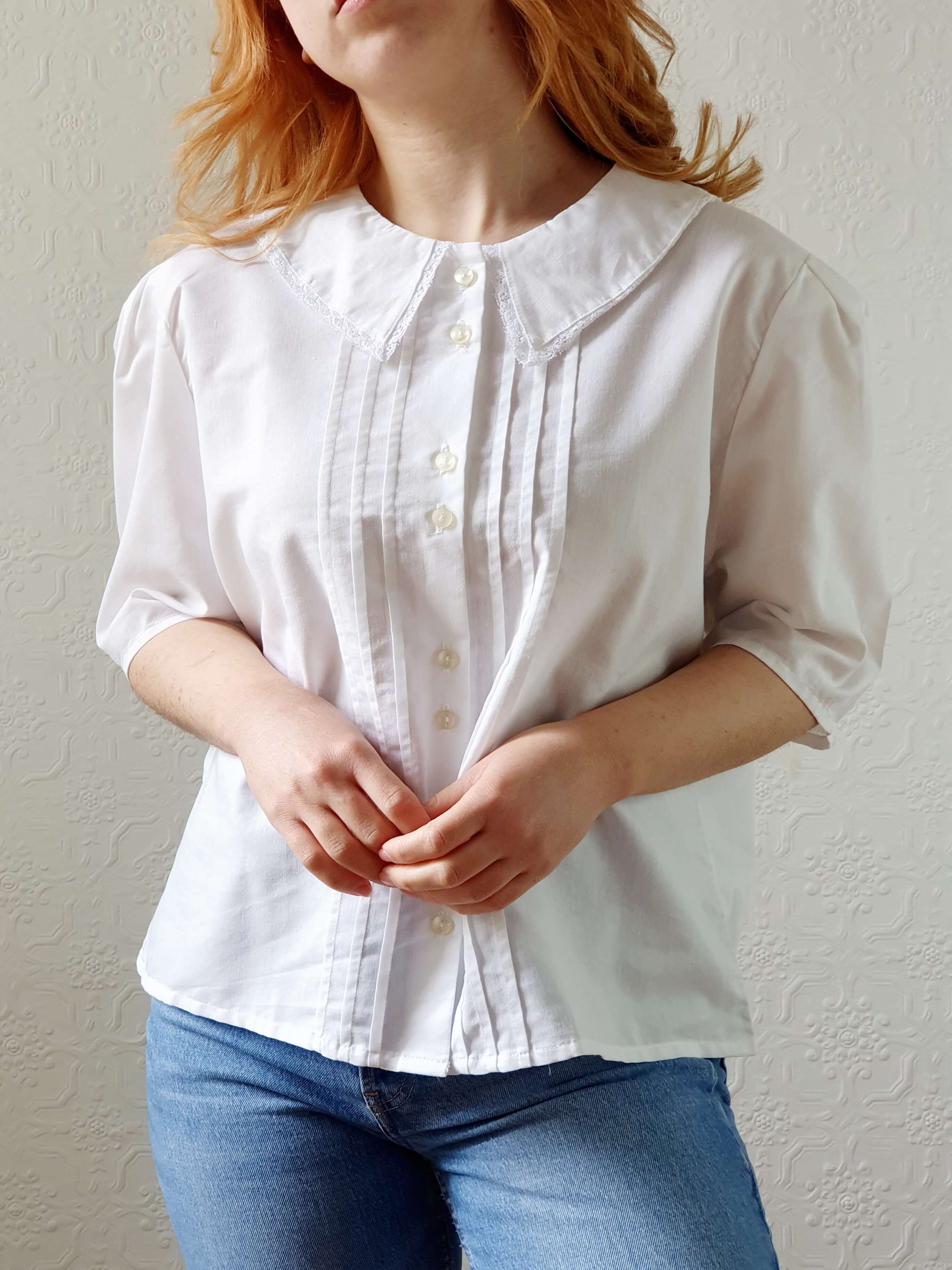 Vintage White Blouse with Lacy Statement Collar - XL - Image 10