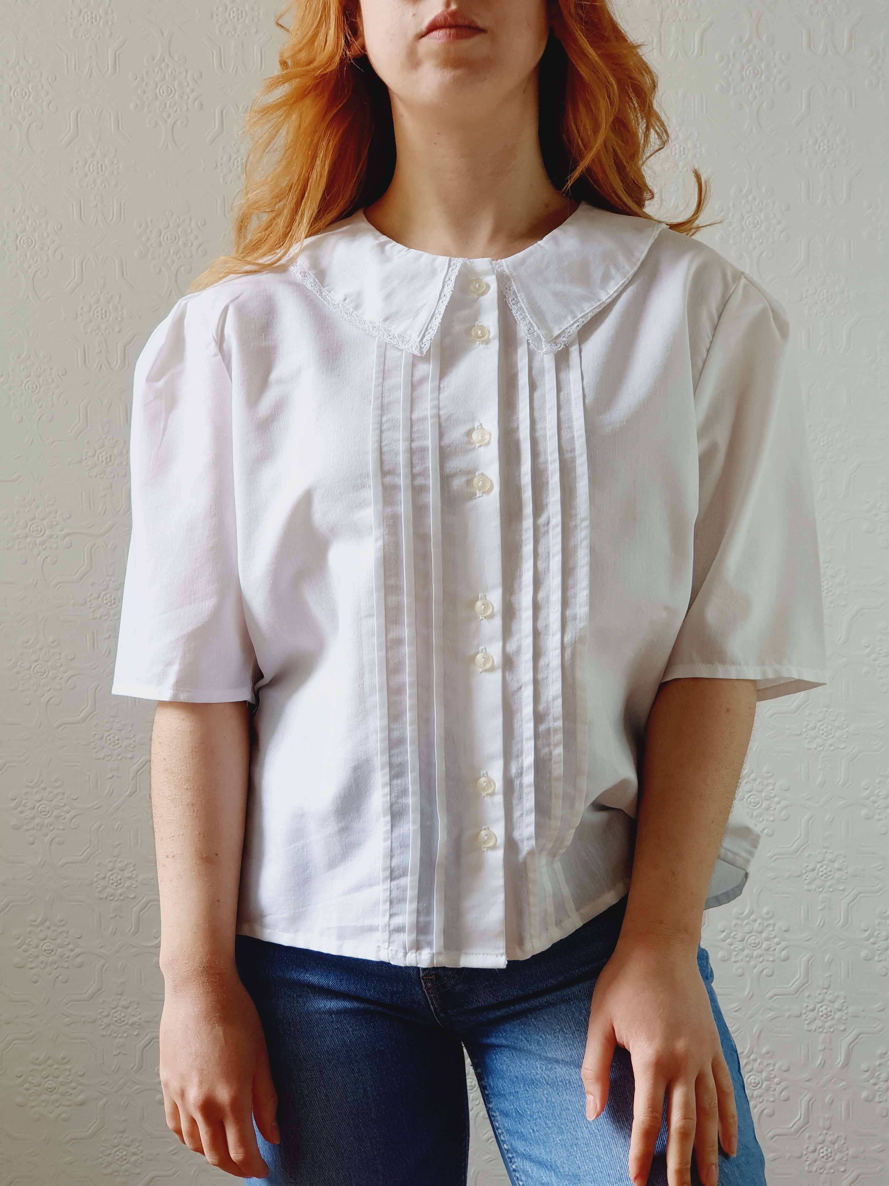 Vintage White Blouse with Lacy Statement Collar - XL - Image 11