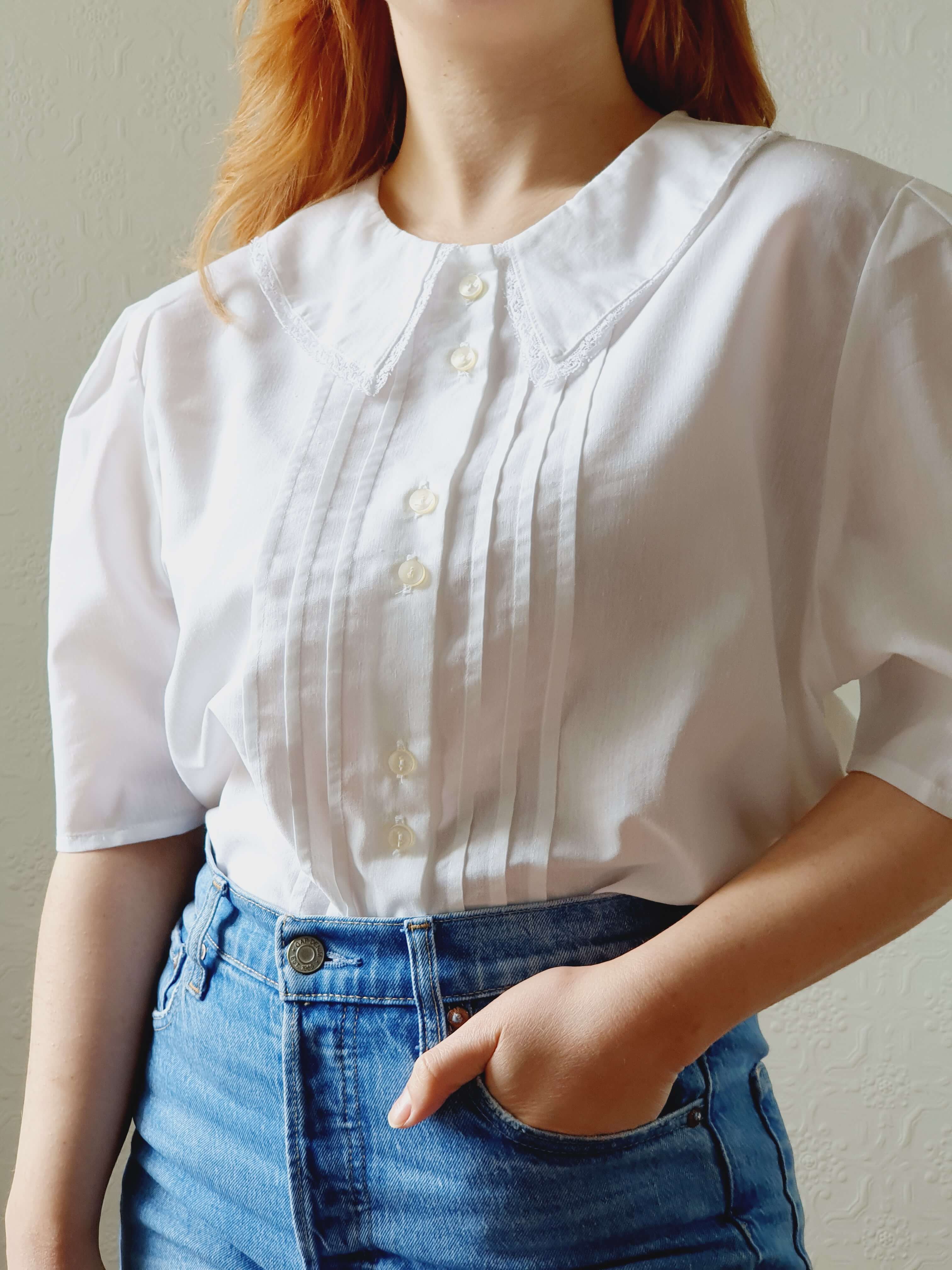 Vintage White Blouse with Lacy Statement Collar - XL - Image 3