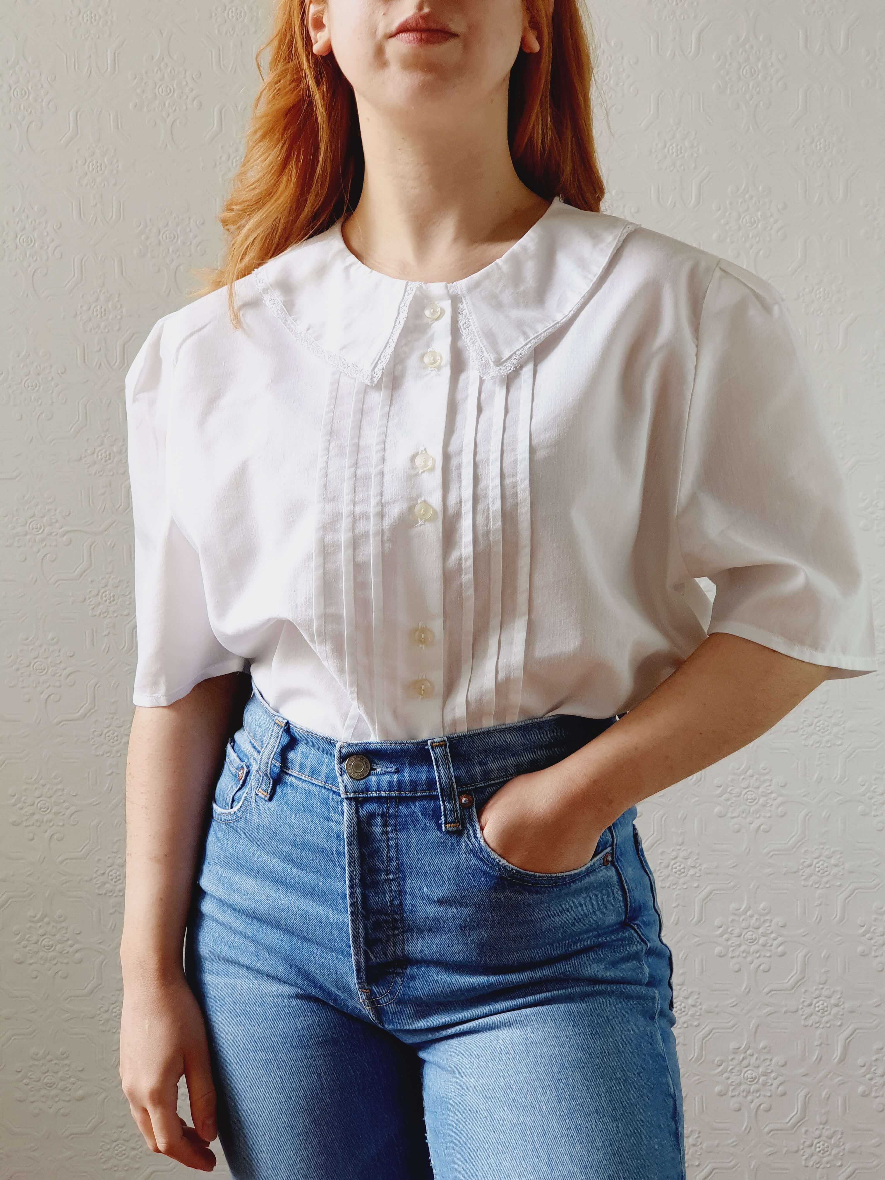 Vintage White Blouse with Lacy Statement Collar - XL - Image 4